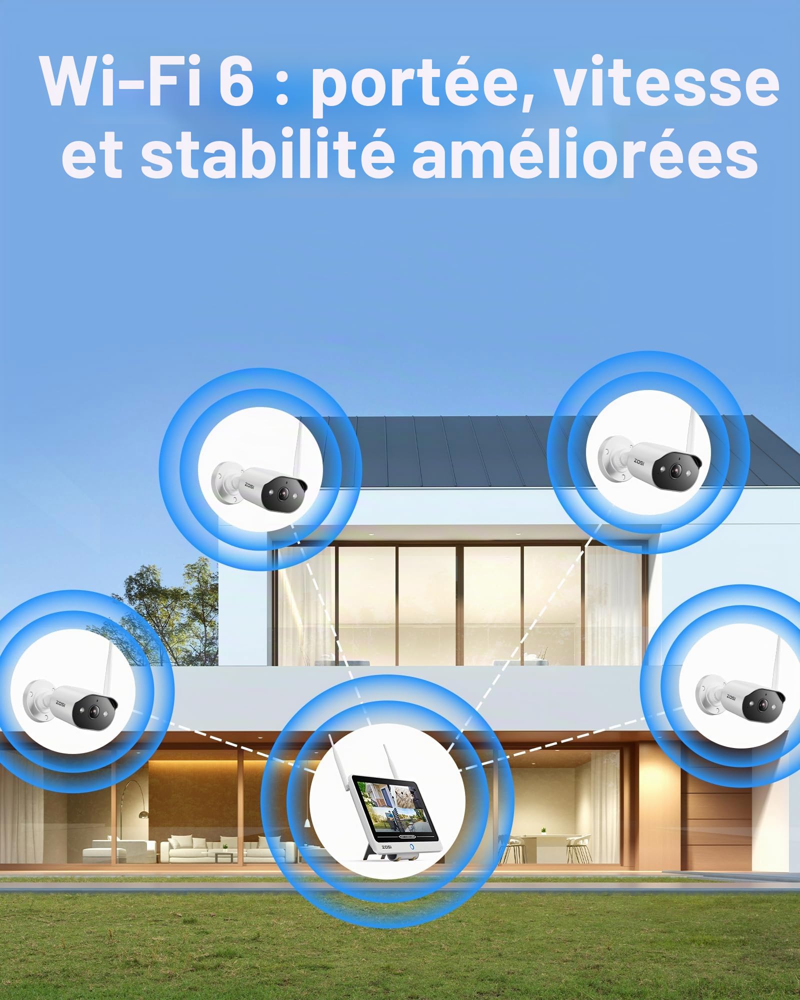 ZOSI 2K Kit Caméra Surveillance WiFi6 Moniteur 8CH 2TB avec Écran 12"