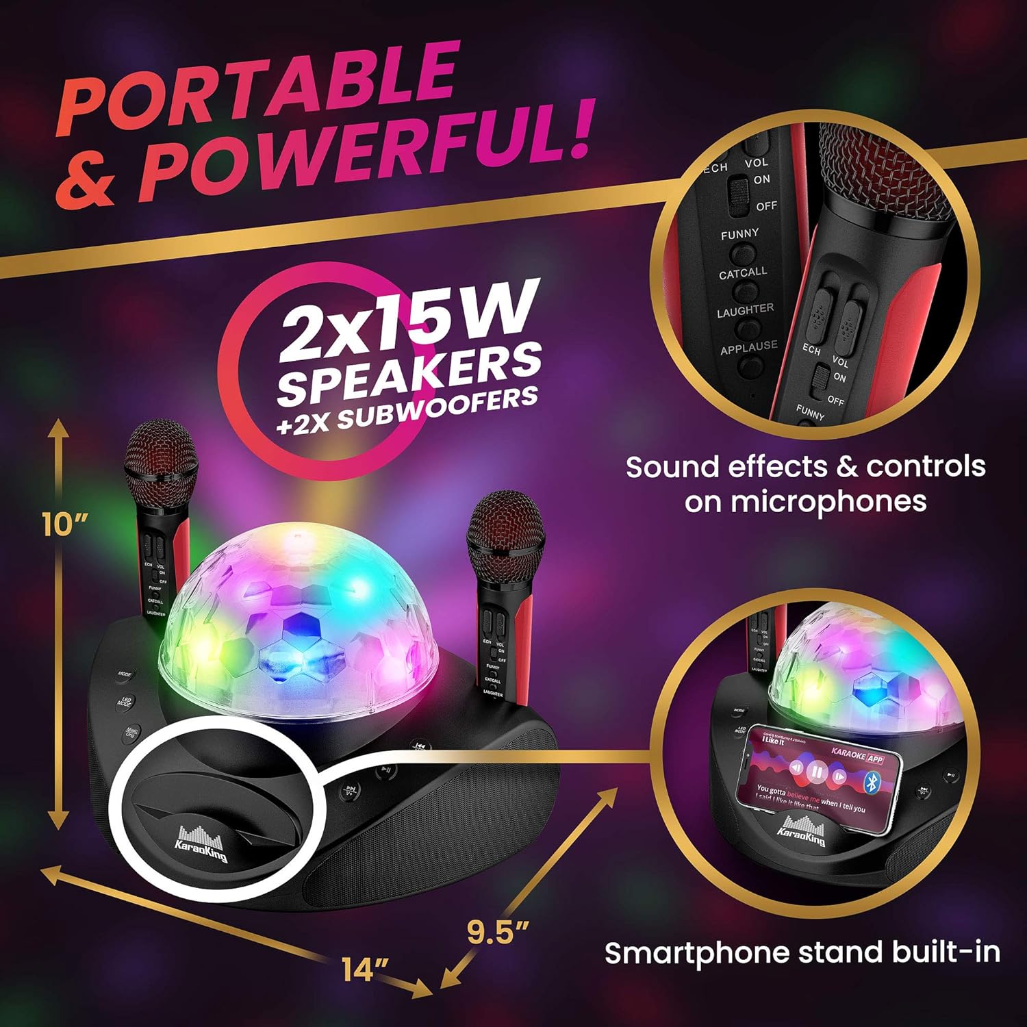 KaraoKing Karaoke Machine with 2 Wireless Karaoke Microphone - Best Gift for Adults or Kids - USB, SD Card and Bluetooth Compatible, with Disco Ball Lights for DJ Singing Party - G308 Black