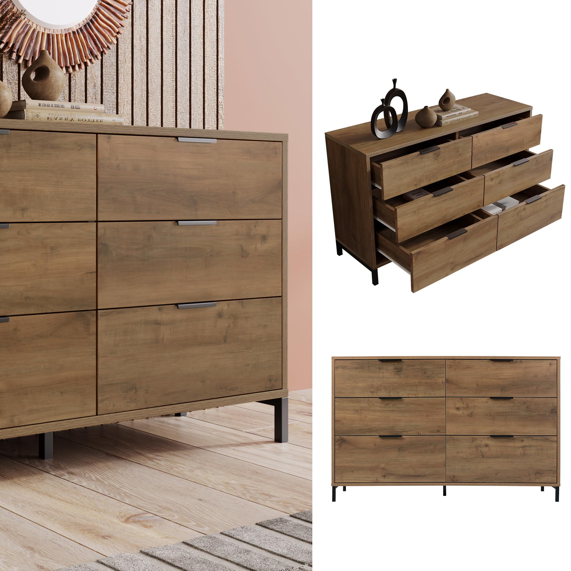 MURUL Cassettiera con 6 cassetti, credenza per camera da letto e tutti gli spazi abitativi, 120 x 40 x 76 cm, in rovere scuro (rovere scuro)