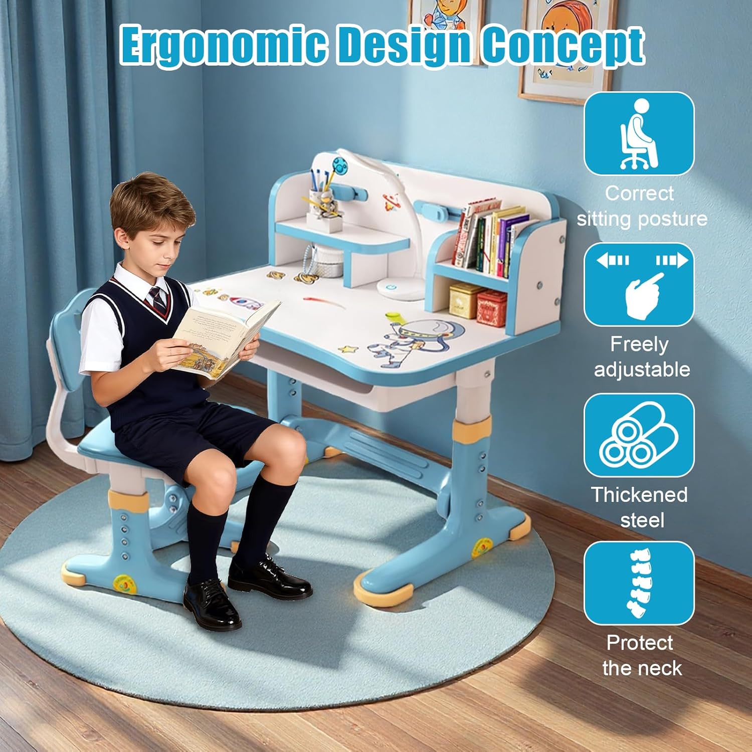 Study Desk with Chair for Kids 3-12, Height Adjustable Kids Functional Desk & Chair Set - Density Board Golden Distance Scientific Separation Child's School Study Writing Tables (Blue1)