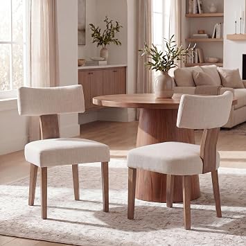 VESCASA Mid Century Modern Dining Chairs Set of 2, Upholstered Linen Dining Room Chairs with Ergonomic Curved Backrest, Solid Wood Legs, Kitchen Accent Chairs for Apartment, Farmhouse & Home, Beige