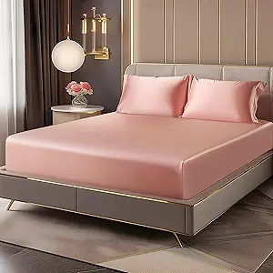 BEDELITE Satin Fitted Sheet and Pillowcases Set, Luxury Soft Similar to Silk Bottom Bed Sheet with Elastic Corner Straps, Deep Pocket up to 15 Inch, 1 Fitted Sheet and 2 Pillowcases(Full, Rose Pink)