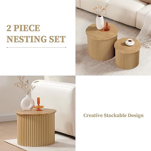 Miniatura 25 de AVZEAR Juego de 2 mesas de centro redondas anidables, mesa auxiliar moderna de granja, mesas anidables de madera natural, mesa auxiliar bohemia para