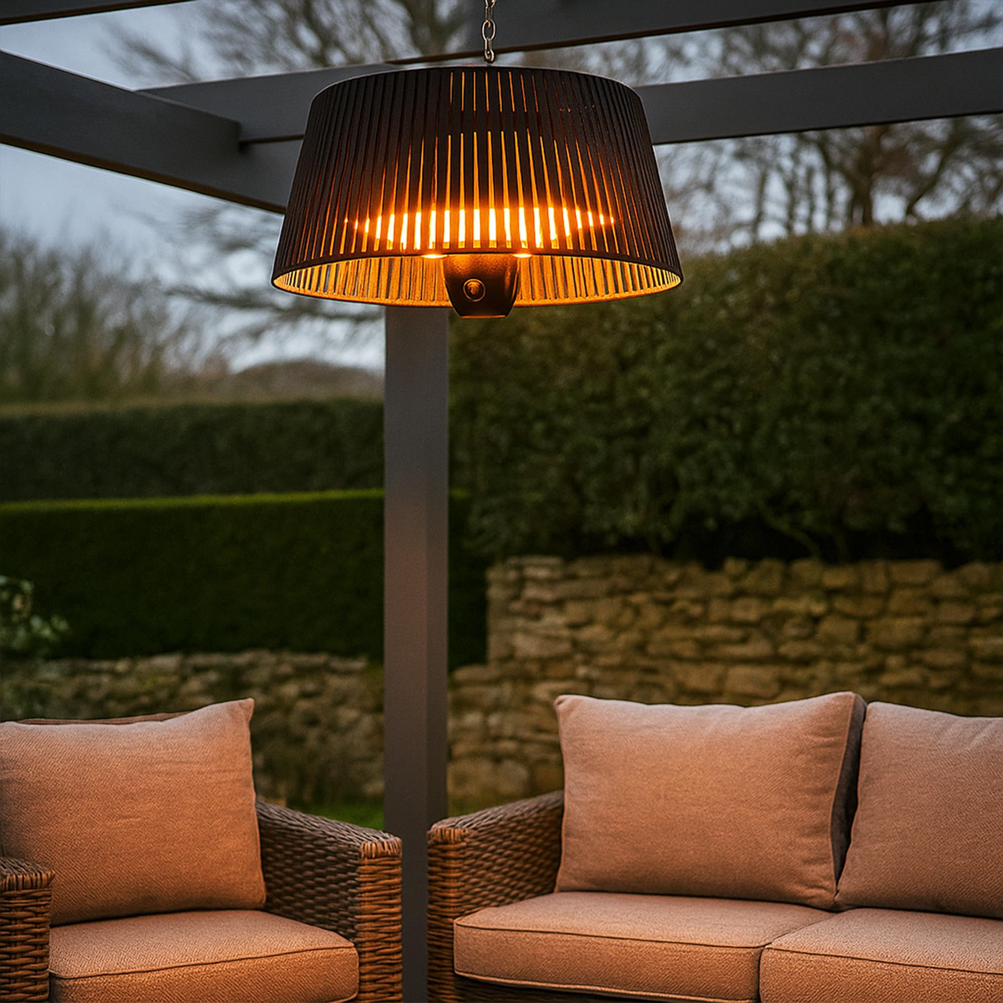JSH Lunara Electric Outdoor Hanging Garden Patio Heater | Remote Control Halogen Decking Lamp | Radiant Ceiling Mounted Heat | Powerful 1500w | Stylish Modern Lampshade Design | 1.5KW Black
