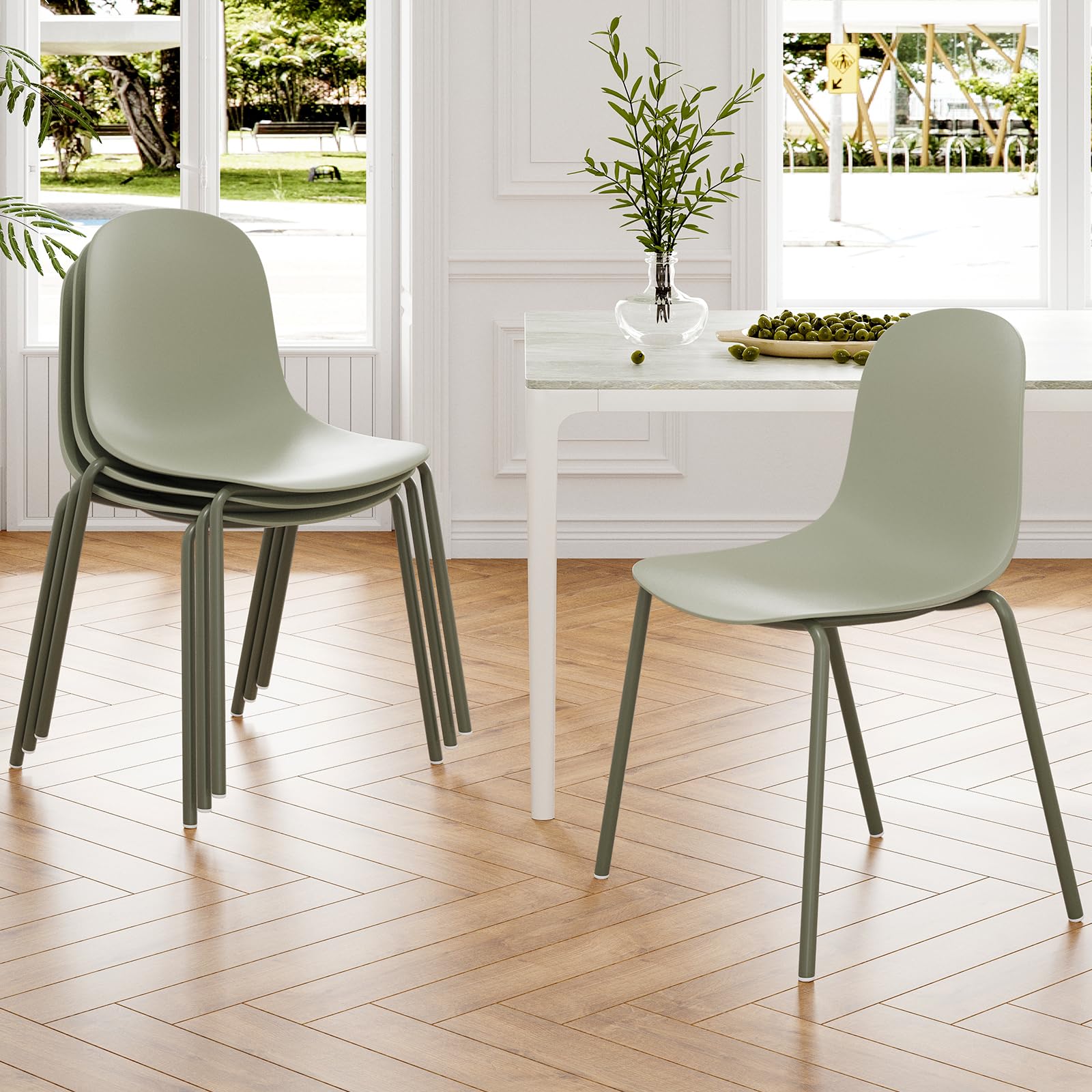 Modern Plastic Stackable Dining Chair Set of 4 with Metal Legs for Indoor or Outdoor