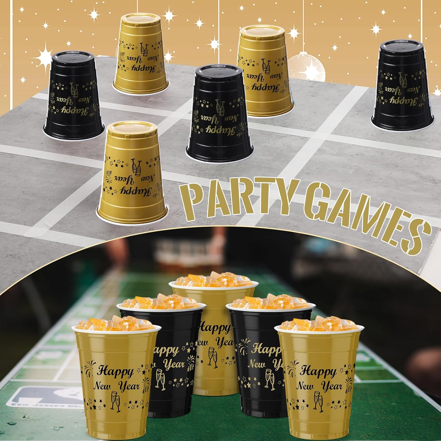 Vesici 50 Pcs 12 oz Happy New Year Disposable Plastic Cups Black Gold Drinking Cups New Year Party Supplies for Holiday Christmas - Image 5