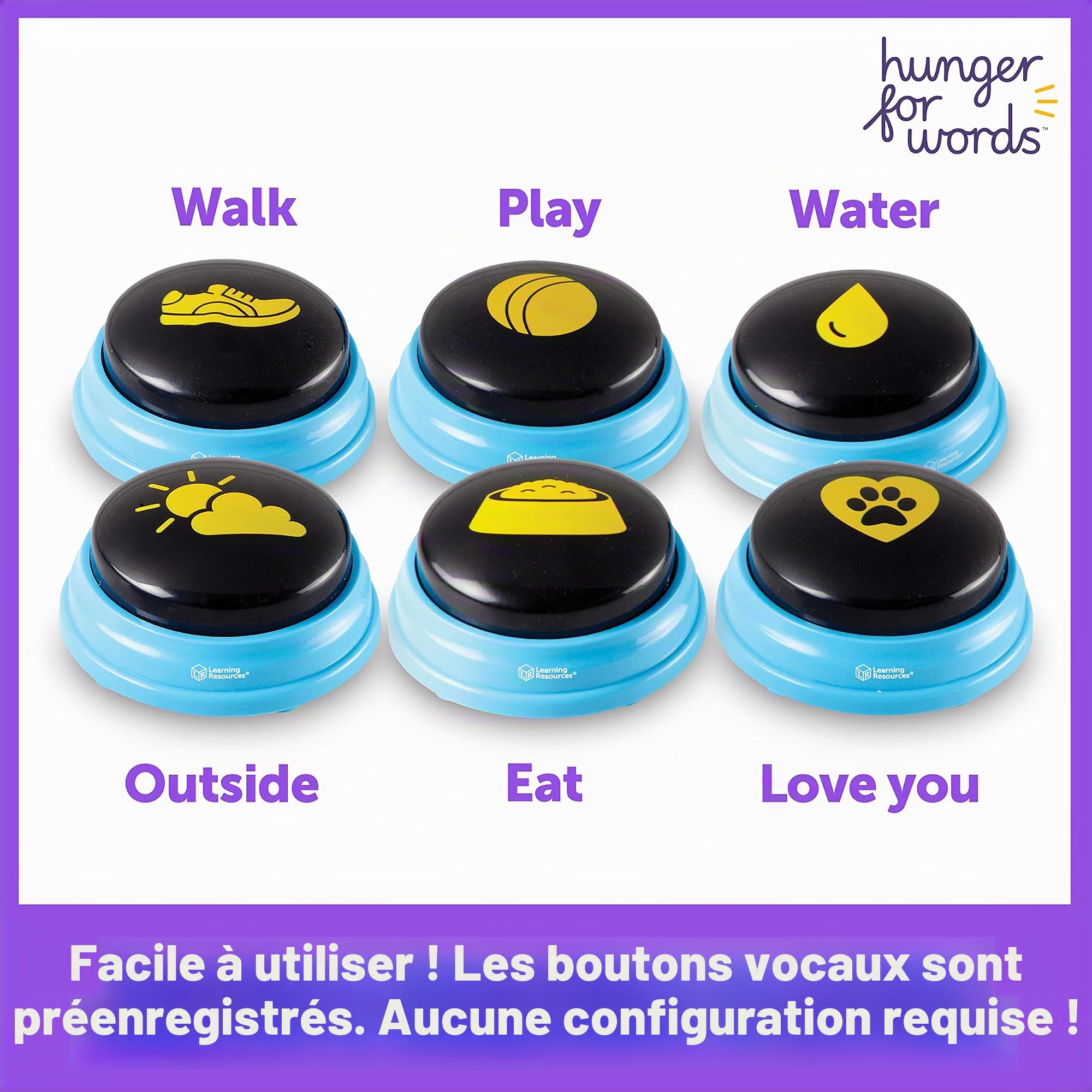 Learning Resources Hunger for Words Mots Essentiels pour Chien Parlant - kit de 6 Boutons avec Message pré-enregistré pour Chiens, Boutons de Communication pour Les Chiens