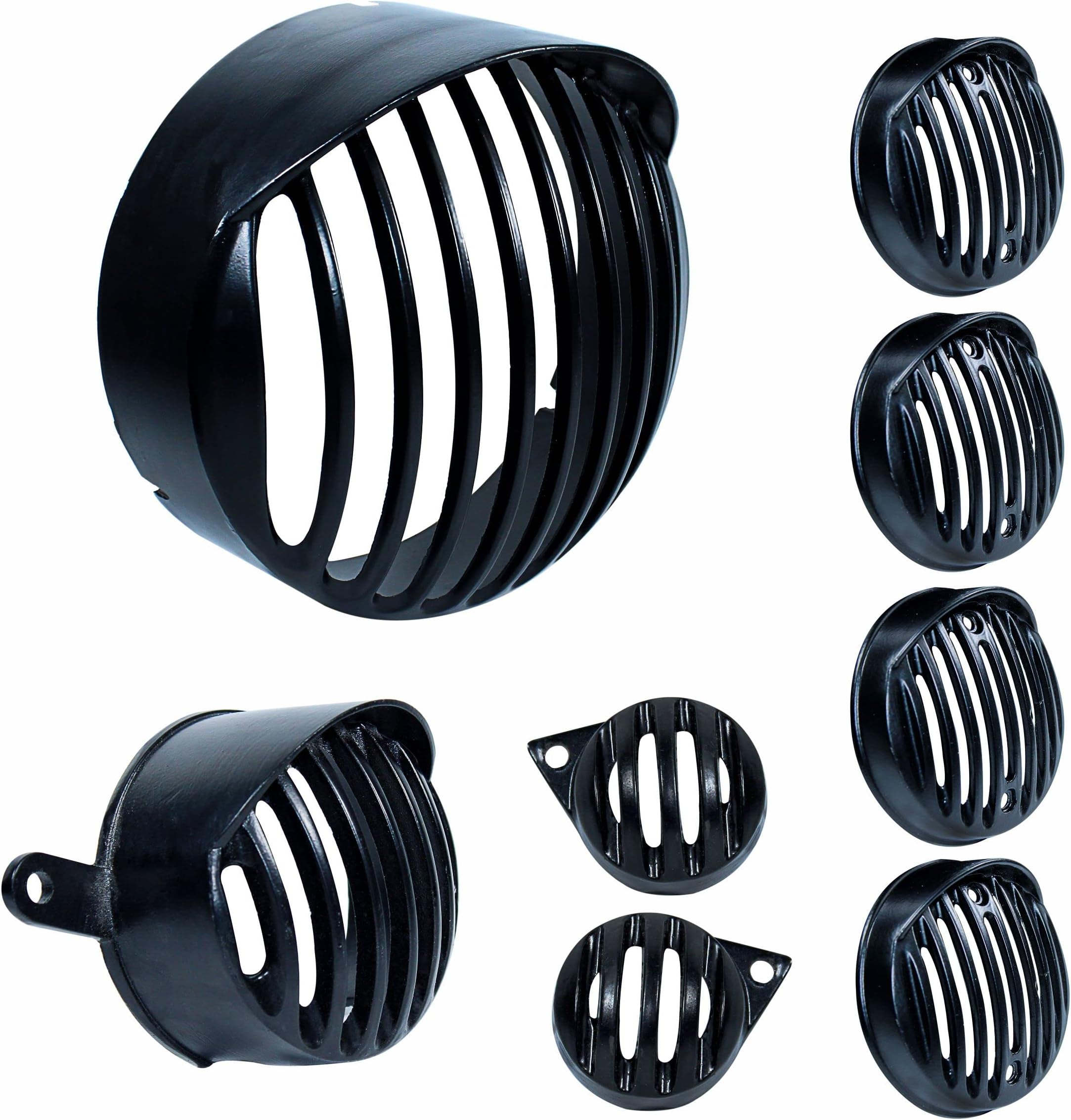 Complete Metal Bullet Headlight, Taillight, Indicators Grills Set for Royal Enfield Bullet Classic 350 & 500 CC (Set of 8, Black with Cap)