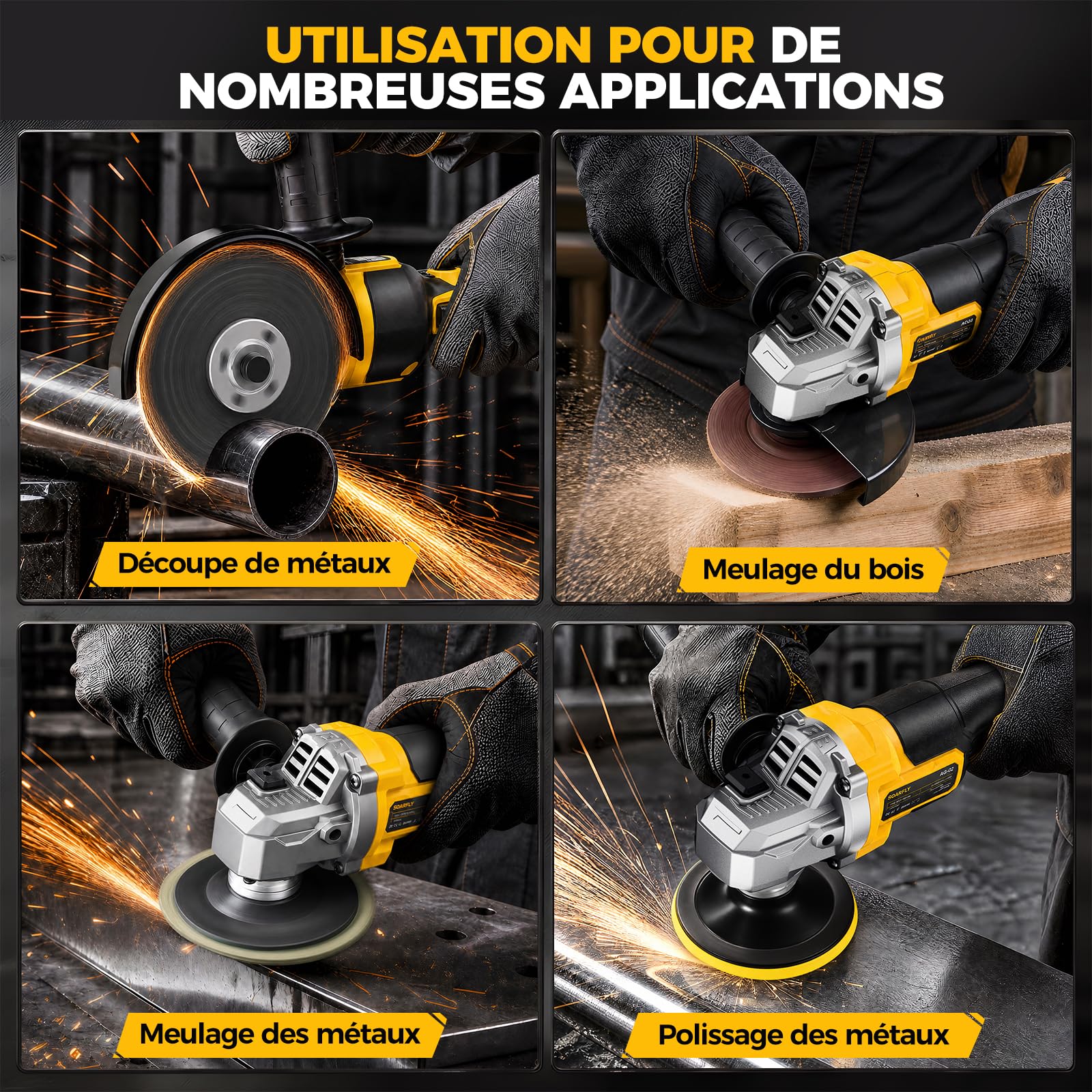 SOARFLY Meuleuse sans Fil, 10000 Tr/Min, Ø 115 mm, Moteur sans Balais Disqueuse, 2 Batteries 4000 mAh, Protections Anti-Blocage & Anti-Chute, meuleuse d'angle Idéale pour Couper, Meuler, Polir