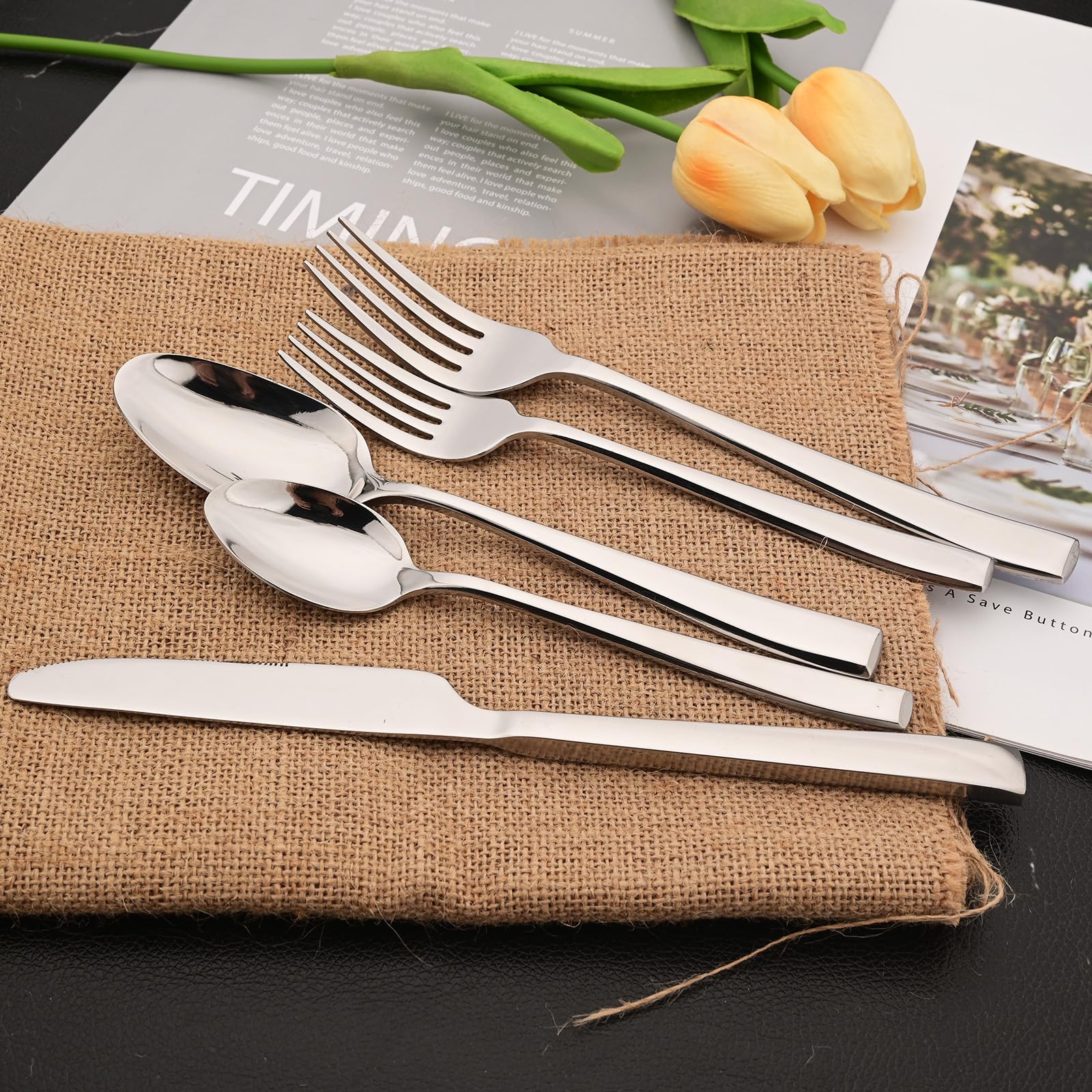 Snplowum 20-piece Silver Cutlery Set, 18/10 Stianless Steel Silverware Heavy Duty Tableware Set Include Dinner Knife/Fork/Spoon, Service For 4, Mirror Polish