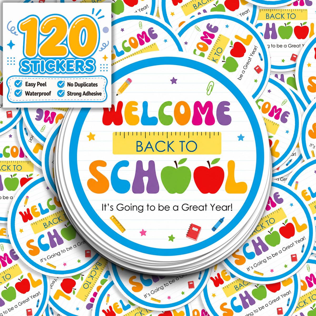 120pcs Back to School Stickers - Happy First Day of School Stickers 2 Inch