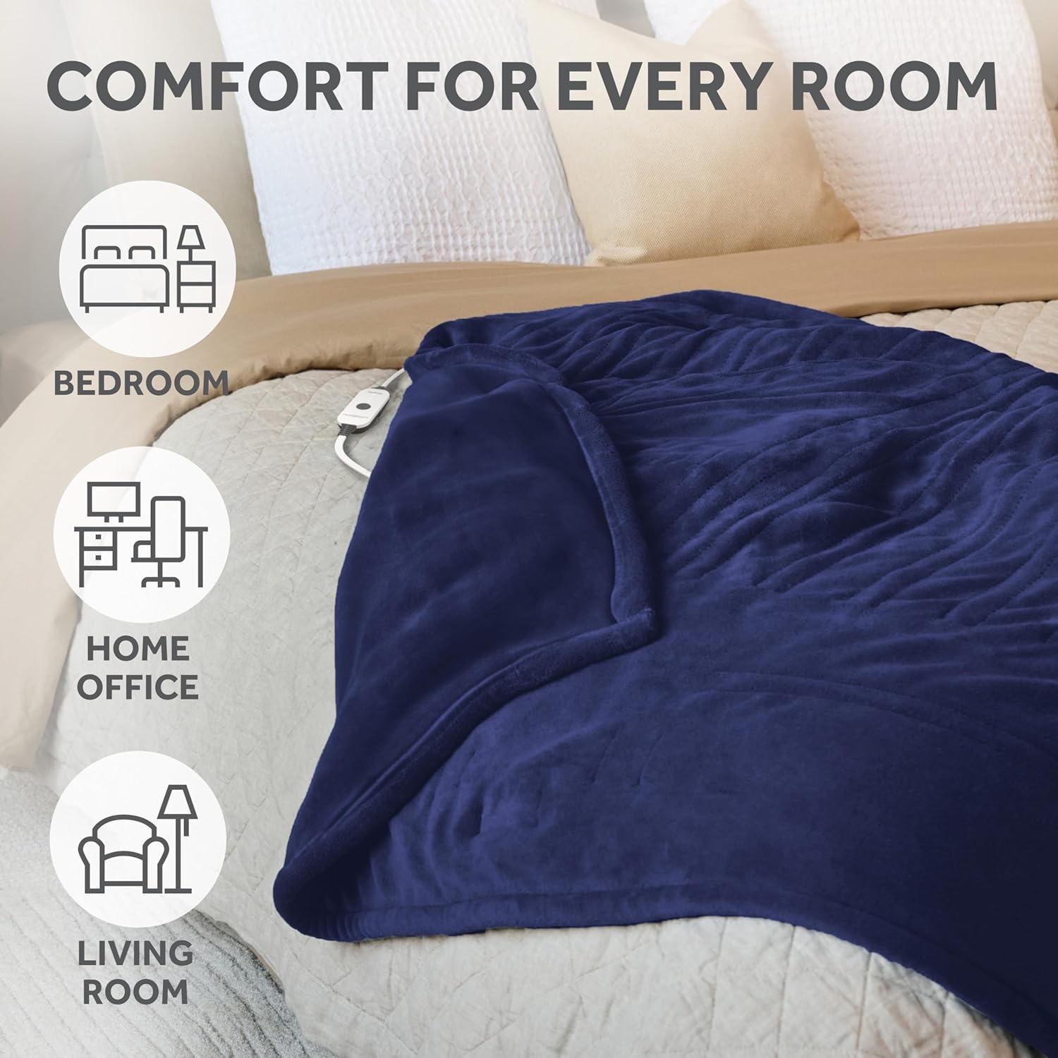 Sunbeam Electric Throw Royal Luxe Microplush Heated Blanket, 4 Heat Settings, 4-Hour Auto Shut-Off, Fast Heating, Warm and Cozy, Admiral Blue Color, 50" x 60"