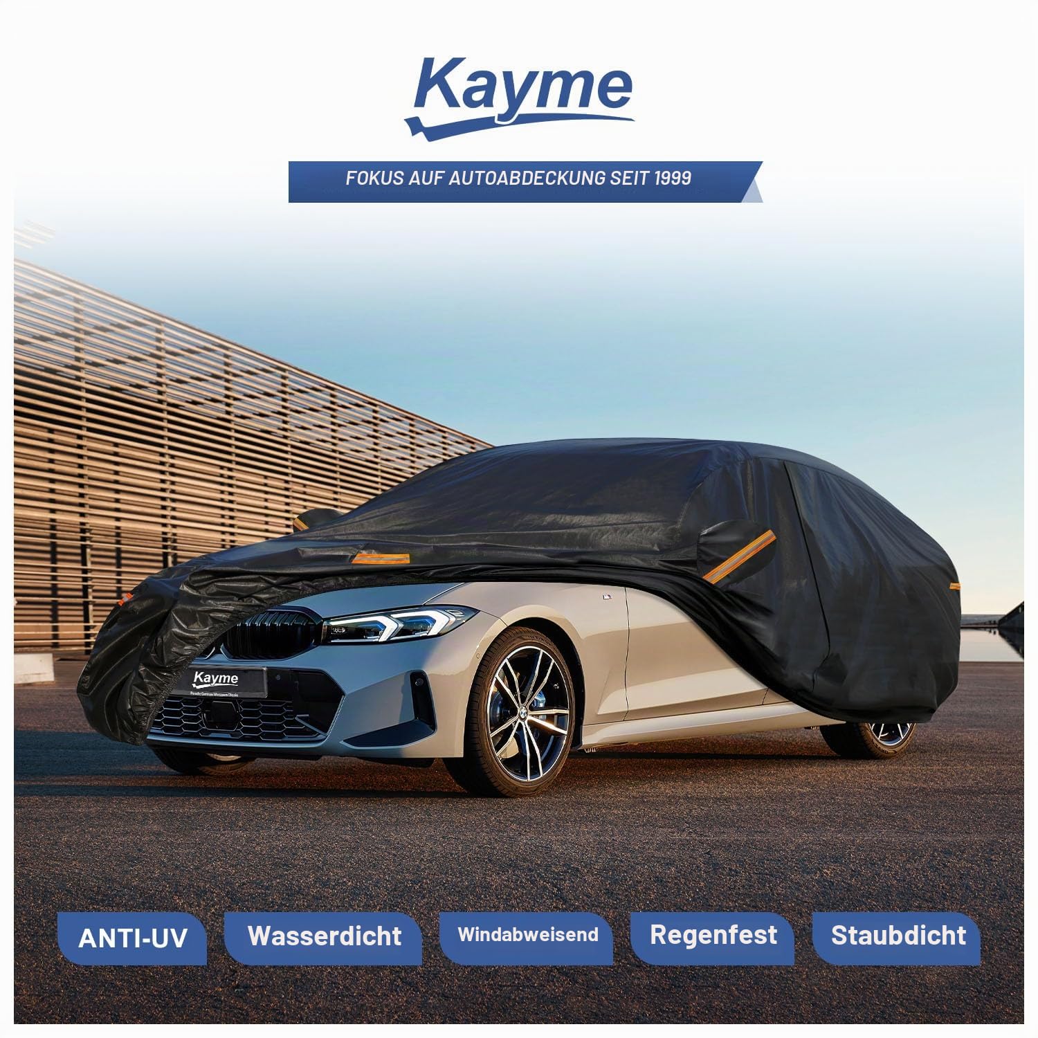 Kayme Autoabdeckung Limousine,Autoplane Wasserdicht Atmungsaktiv, Auto Abdeckplane für Regen Sonne Staub Schutz, Auto Abdeckung für BMW 3er, Jaguar XE, Model 3 etc. Siehe AutoGrößentabelle A9,Schwarz