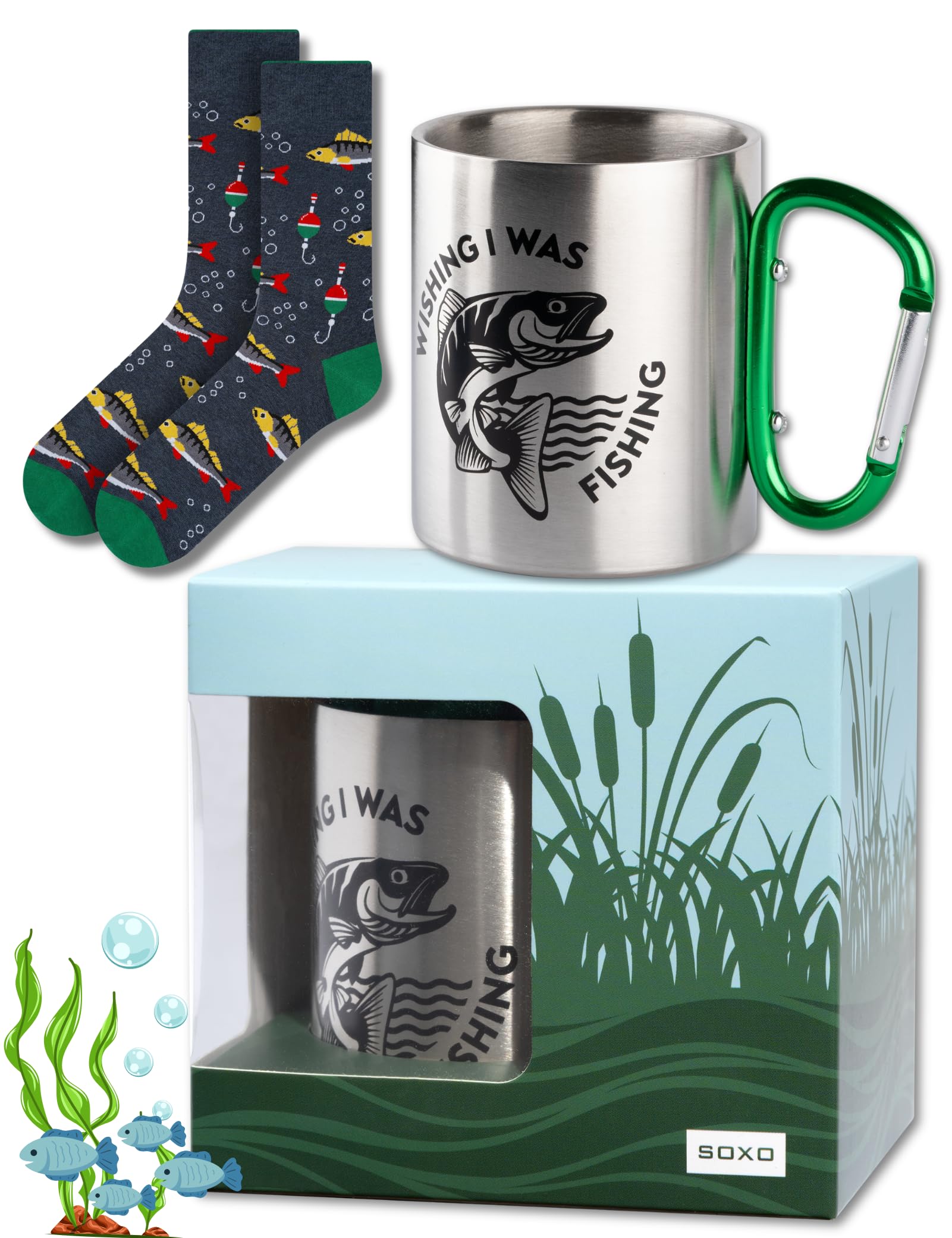 soxo Fisherman Socks Men Funny Mens Gifts Cotton Sock Gift Men's Presents Angler Fish 6.5-10.5 Socks 1 Pair + Mug