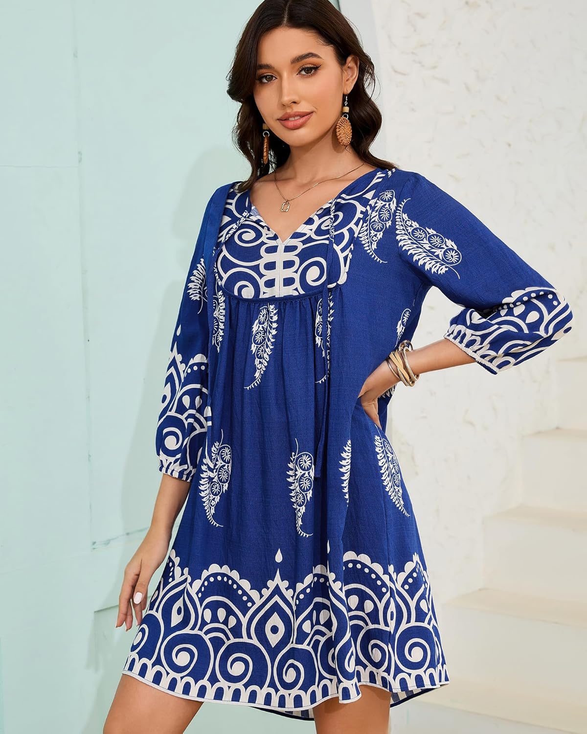 Eddoyee Women Casual Summer Dress, V Neck 3/4 Sleeve Boho Floral Print Flowy Loose Beach Vacation Dress - Image 3