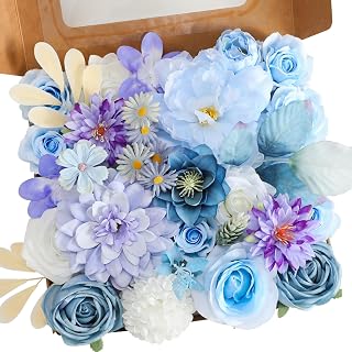 Senseya Artificial Flowers Combo, Blue Purple Silk Roses, Peonies, Dahlias with Stems for DIY Wedding Bouquets, Baby Shower, Table Centerpieces, Home Decor, Fake Floral Arrangements, Party Decorations