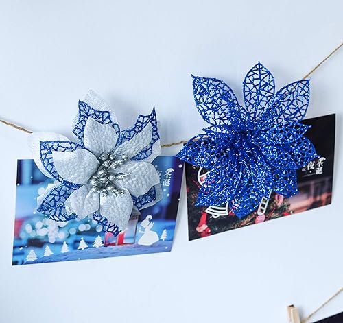 Miniatura 7 de ilauke 24 flores de Pascua artificiales de Navidad, flores artificiales de Navidad con purpurina de 6 pulgadas con 30 clips plateados, para adornos
