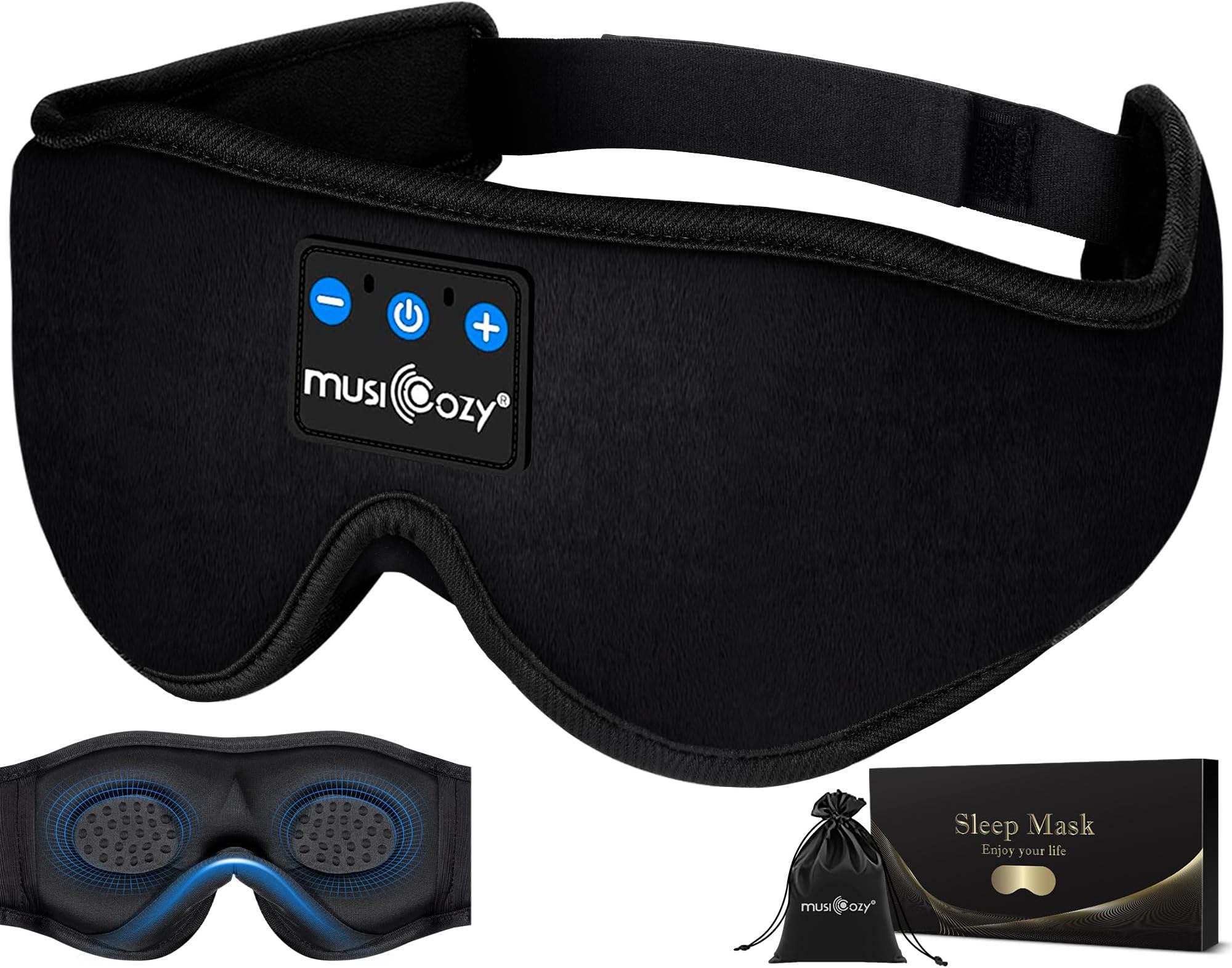 MUSICOZY Sleep Headphones Bluetooth Sleepmask 3D Wireless Music Sleeping Headphones Headband Eyemask Sleep Earbuds for Side Sleepers Mom Men Women with Speakers Cool Tech Gadgets Gifts