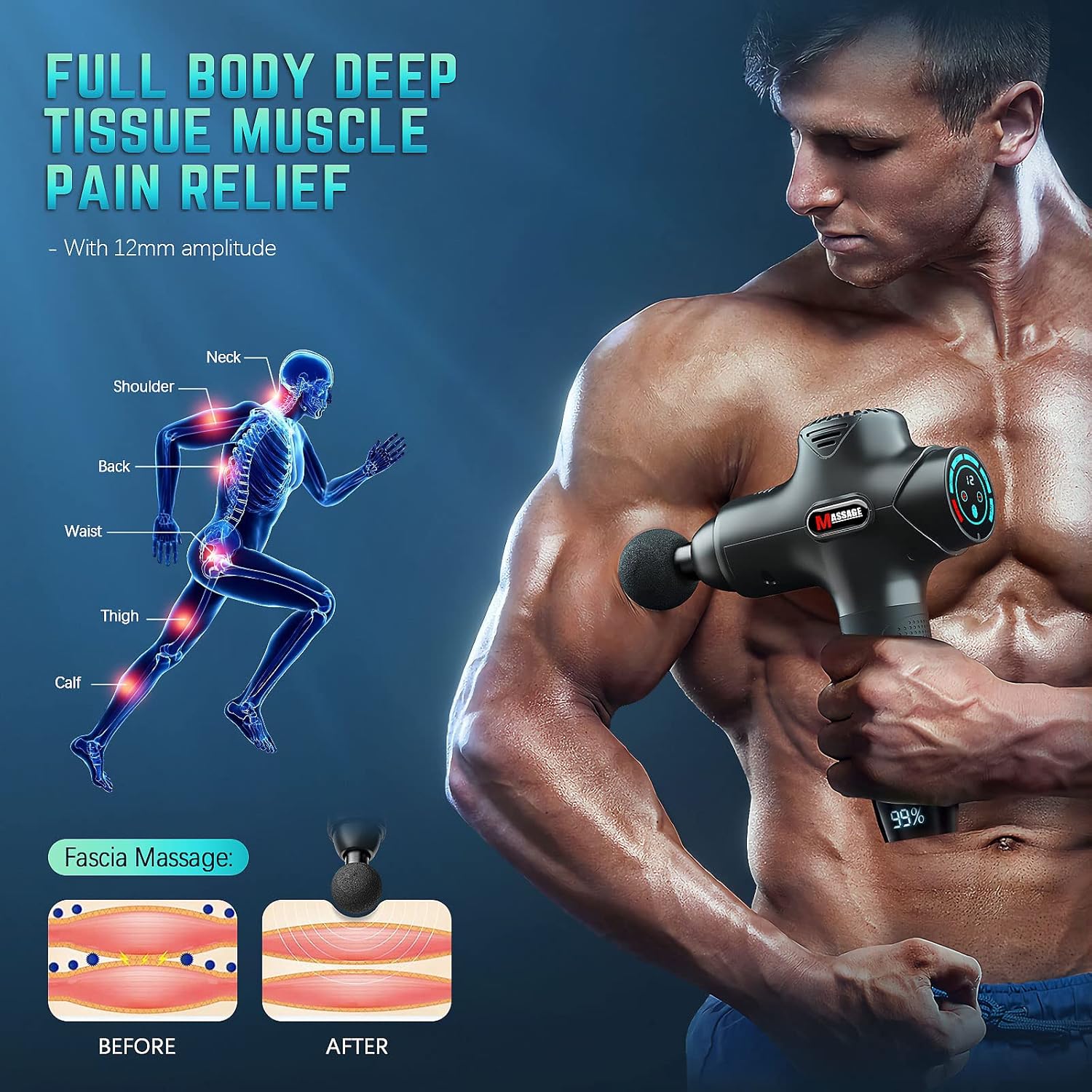 Massage Gun Deep Tissue Massager: Electric Rechargeable Handheld Muscle Percussion Brushless Quiet Professional Hand Held Cordless Device with Portable Attachments for Athletes Body Back Pain Recovery : Health & Household
