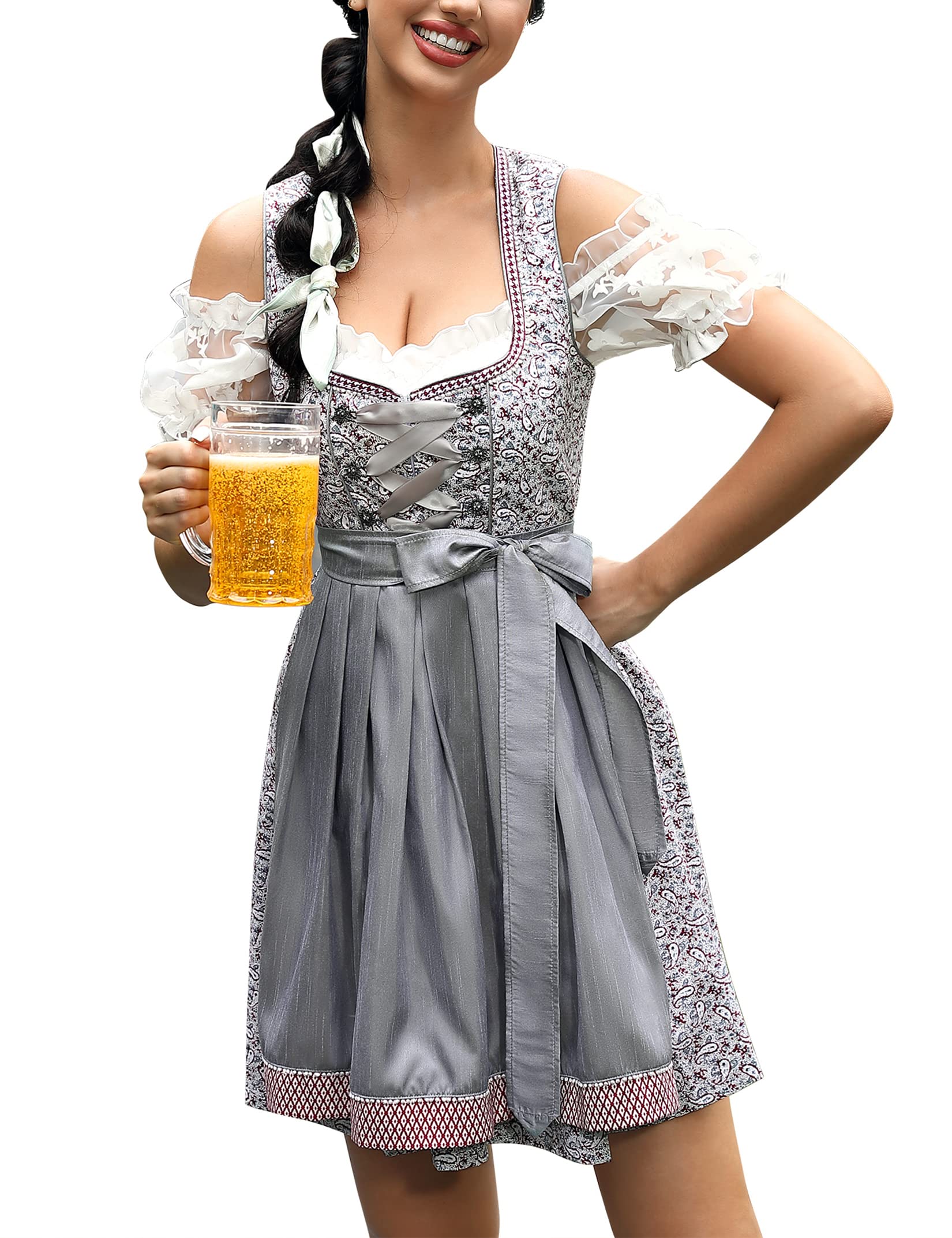 KOJOOIN Abito Donna Dirndl Bavaria Oktoberfest Set 3 Pezzi Camicia e Grembiule Dirndl Manica Corta Grembiule Bavarese Oktoberfest Cameriera Abiti da Festa