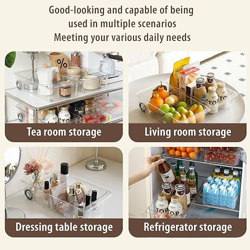 Miniatura 4 de Contenedores organizadores de refrigerador transparentes de plástico para despensa, congelador, cajón, almacenamiento con ruedas y divisores