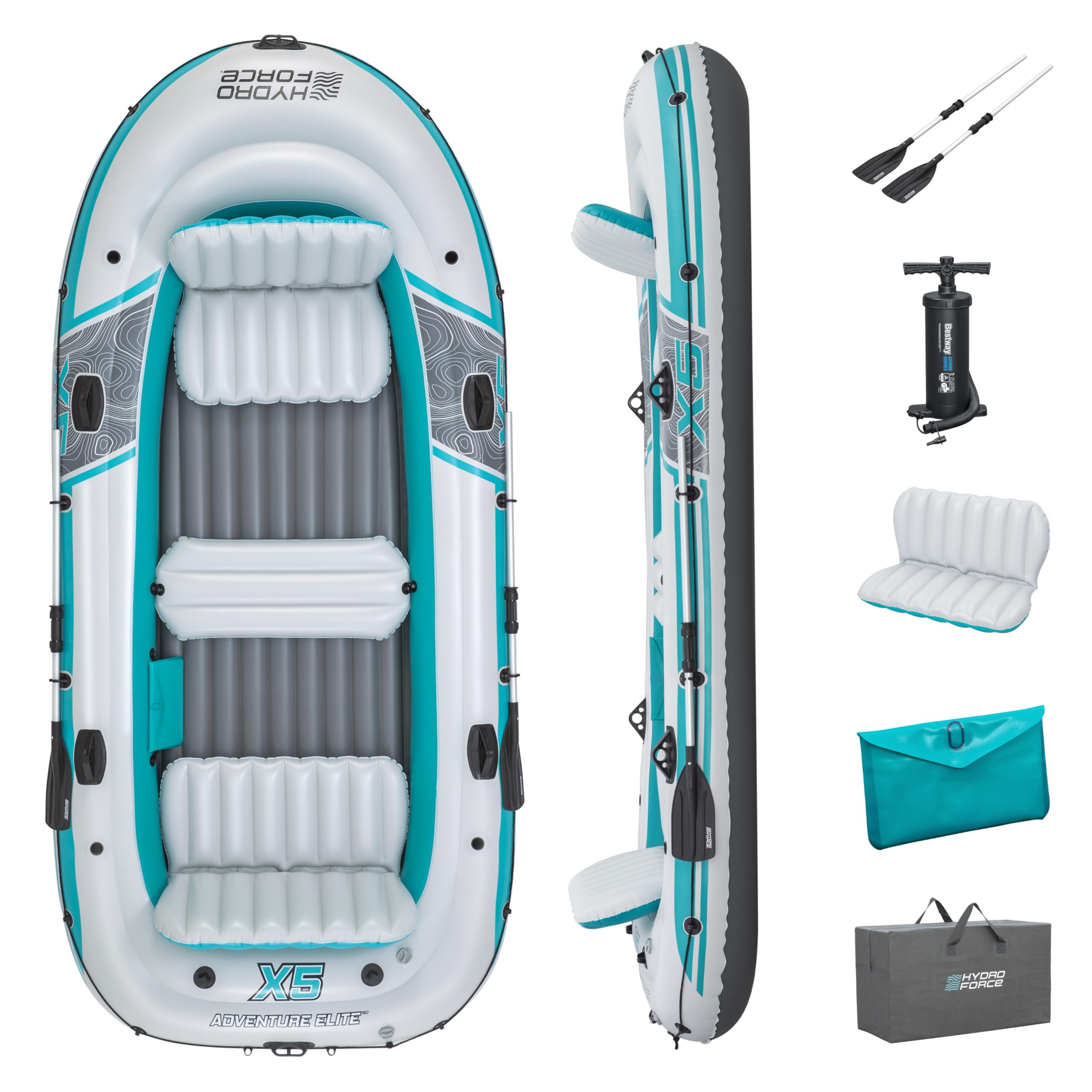 Bestway | Hydro-Force Adventure Elite X5 Inflatable Raft Set| Inflatable Boat with Hand Pump, Oars, Seats, Gear Pouch, Carry Bag | Five-Seater
