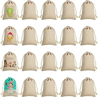 Shappy 20 Pieces Christmas Sublimation Burlap Bags Sublimation Linen Burlap Drawstring Bag Sublimation Burlap Present Bags with Drawstring for Favors Party DIY Craft Candy Bag