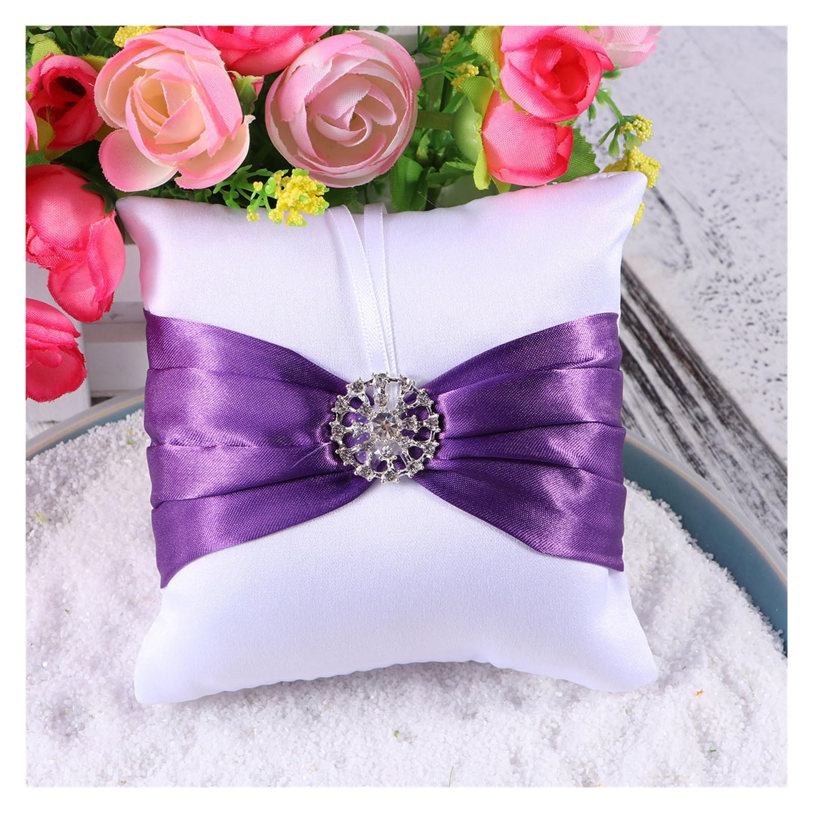 CGRSDSD Ring Bearer Pillow 10x10cm Wedding Ring Pillow Cushion Bridal Crystal Ribbon Decorated Ring Bearer Pillow(Purple)