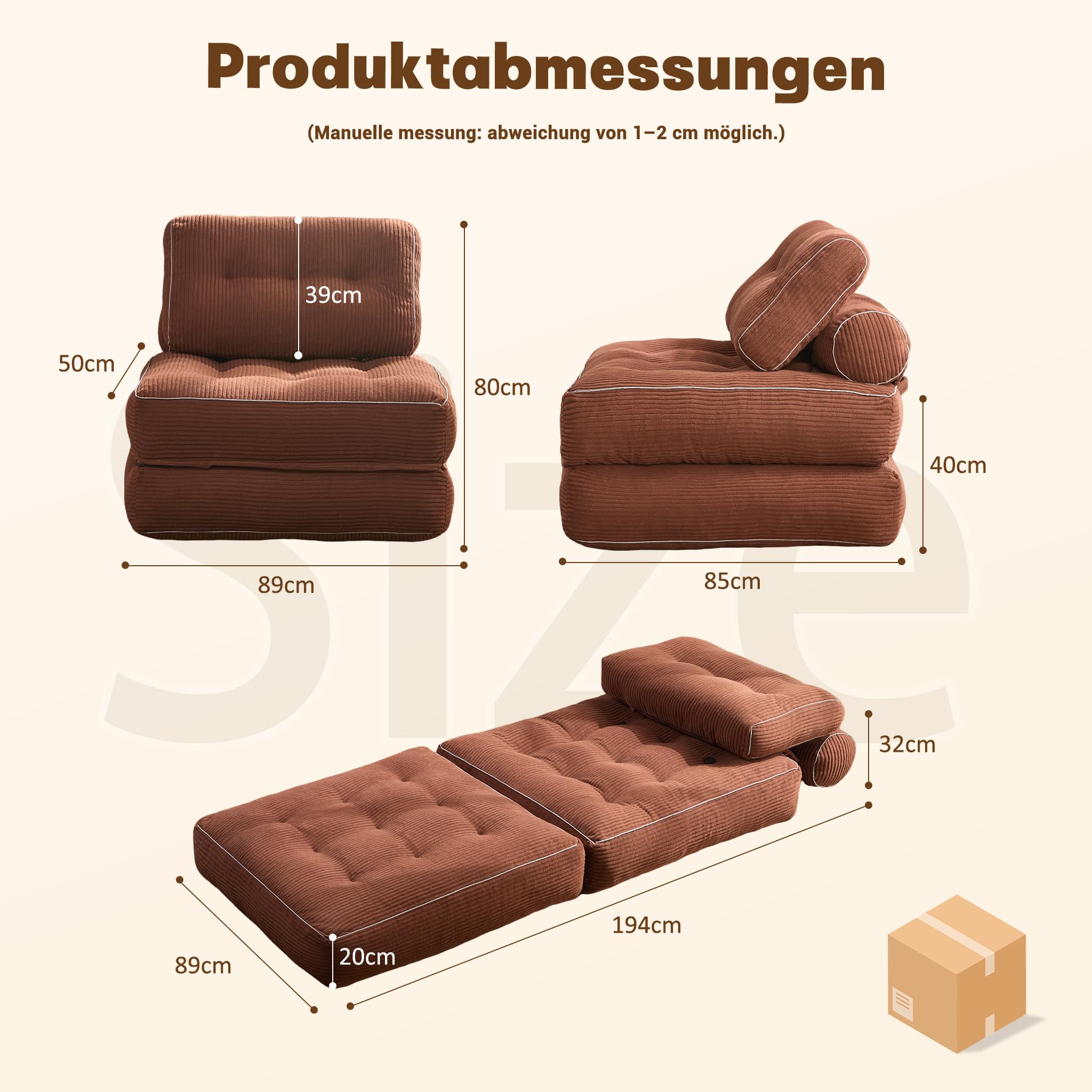 Faltbares Schlafsofa – Sitzsack-Sofa, Relaxsessel, Spielsofa, Schlafsofa & Gästebett für kleine Räume, Sessel fürs Schlafzimmer & Wohnzimmer (Braun, 89.9 cm)