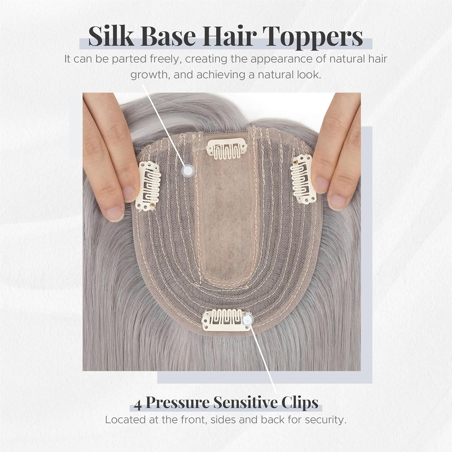 Human Hair Topper for Women with Thinning Hair, 4 Clips, Silk Base 3.94x4.72, With Front Bangs, 6 Inches Lengths, Grey Color, Achieve a Fuller, More Youthful Appearance