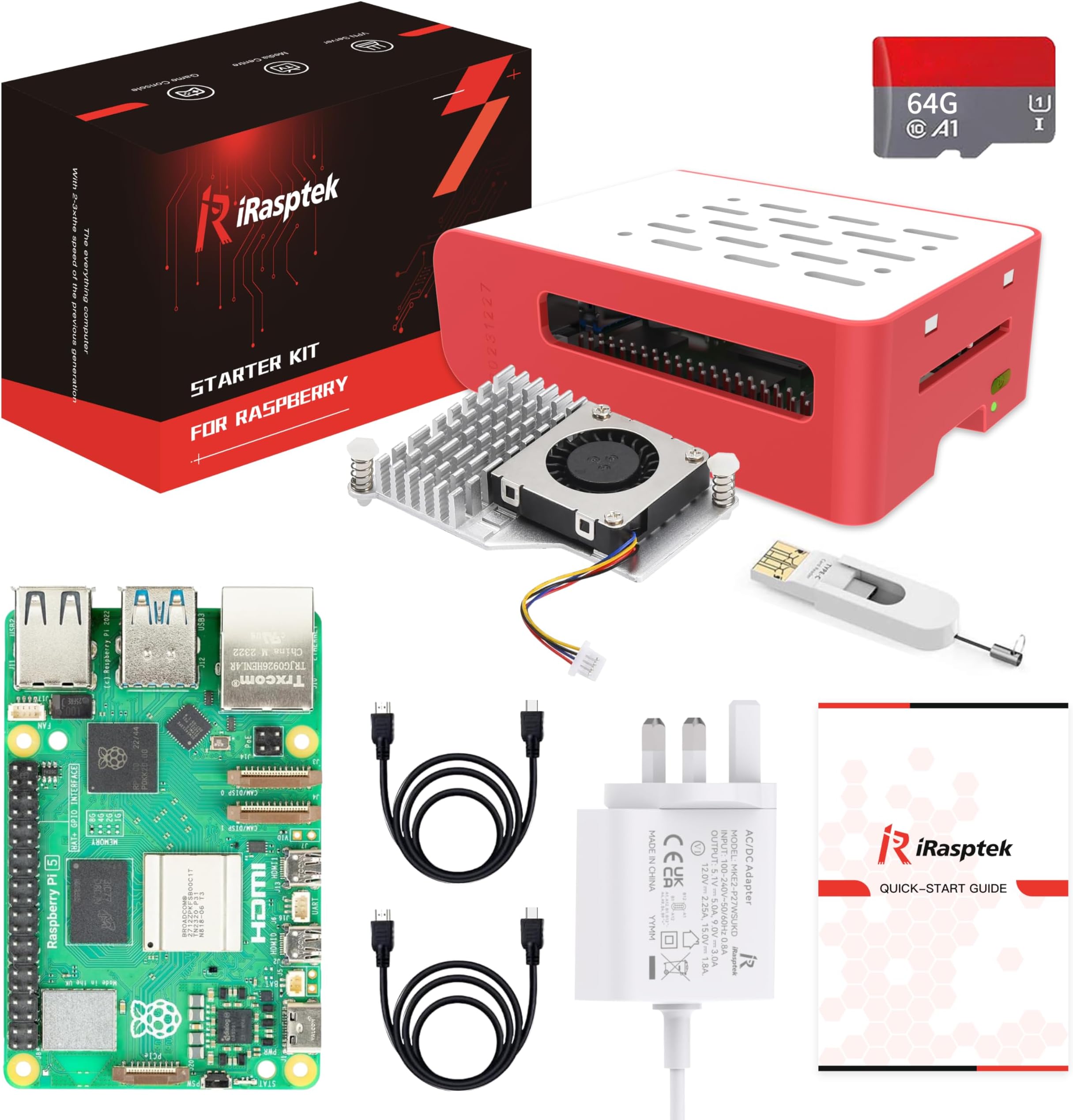Starter Kit for Raspberry Pi 5 RAM 8GB - 64GB Edition of OS-Bookworm Pre-Loaded (Red&White Case)