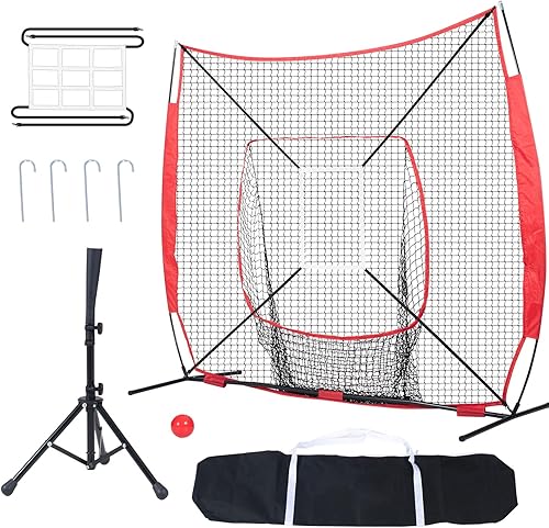 Happybuy Red portátil de práctica de béisbol de 7 x 7 pies, equipo de entrenamiento para golpear, atrapar, lanzar, incluye bolsa de transporte y