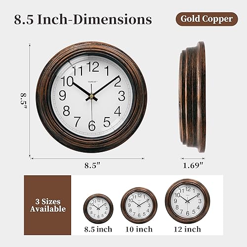 Miniatura 5 de TAHEAT Reloj de pared de 8.5 pulgadas, funciona con pilas, silencioso, sin tictac, reloj de cocina vintage de cobre dorado para sala de estar,