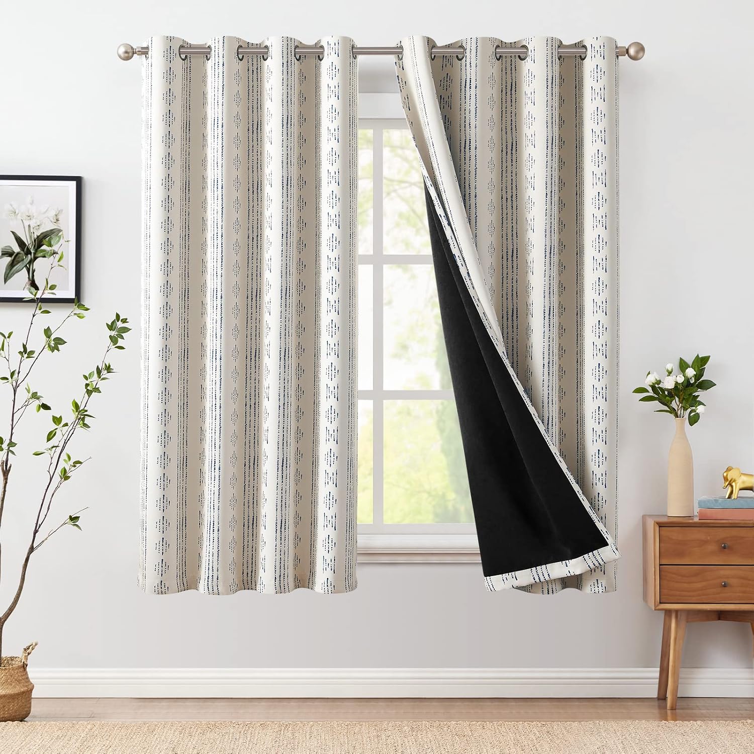 jinchan 100% Blackout Boho Curtains 54 Inch Length for Bedroom Blue on Beige Geometric Printed Grommet Top Room Darkening Thermal Insulated Window Drapes 2 Panels 52"W x 54"L (Pack of 2) Boho | Blue on Beige