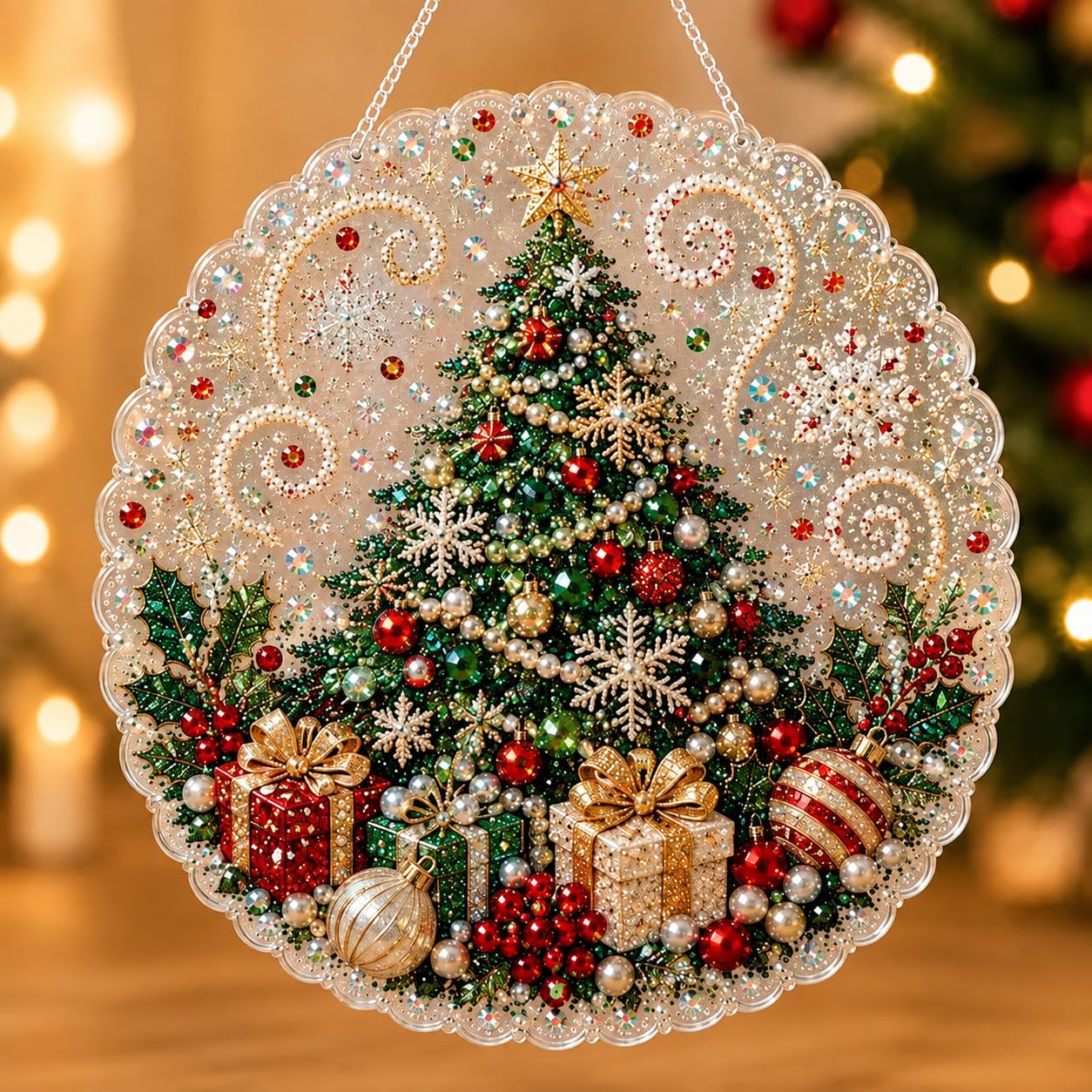 Christmas Pearl Art Suncatcher Kit, Pearl Art Christmas DIY Craft (Red-F)