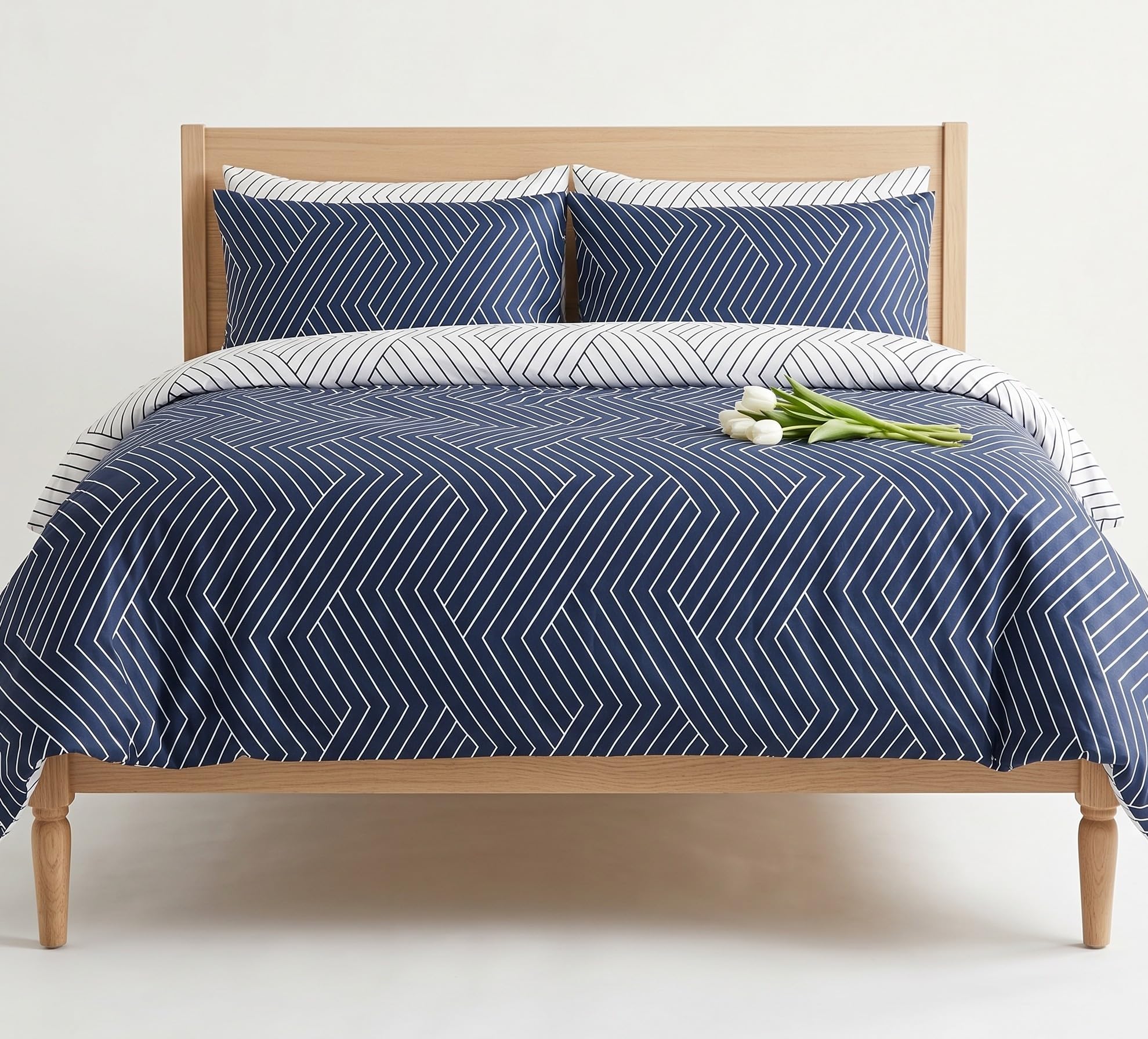 LERUUM Duvet Cover Bedding Set 100% Cotton Reversible Striped Quilt Cover Set (Dark Navy Blue, (135x200 + (80x80))