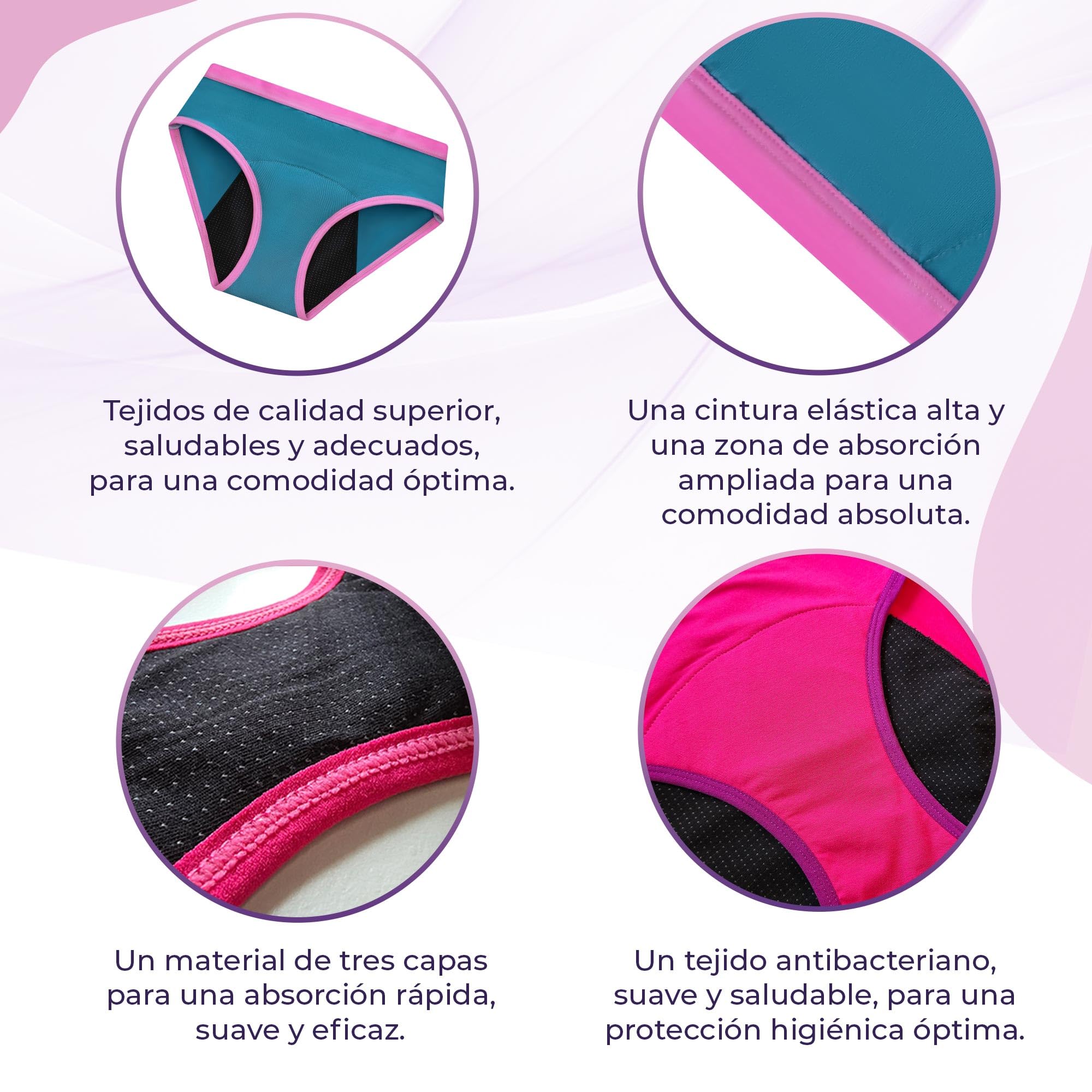 Bragas Menstruales Niñas en Fibra de Bambú | Absorción en Nido de Abeja, Transpirables, Antibacterianas | Ideales para Flujo Ligero a Flujo Abundante | Niñas y Adolescentes | OEKO-TEX (Pack de 3)