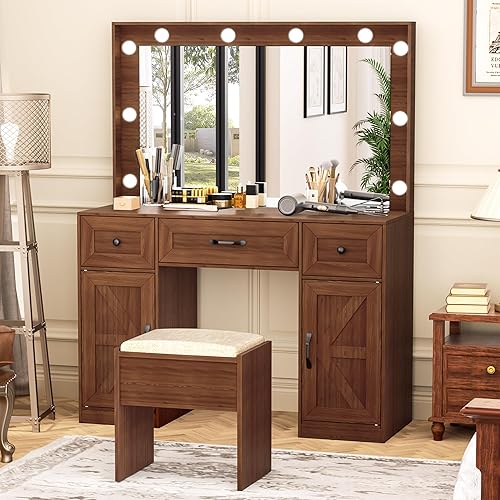 Miniatura 50 de Greenvelly Escritorio de maquillaje blanco con espejo, maquillaje de madera con 3 modos de iluminación, 2 cajones espaciosos y 6 compartimentos de