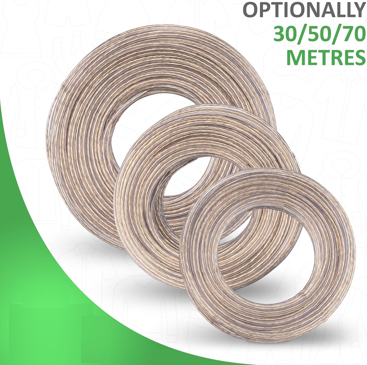 Corda stendibiancheria con anima in acciaio con rivestimento in PVC, 30 m, per interni ed esterni, forza di trazione 200 kg, resistente, resistente alla muffa e alla muffa (verde
