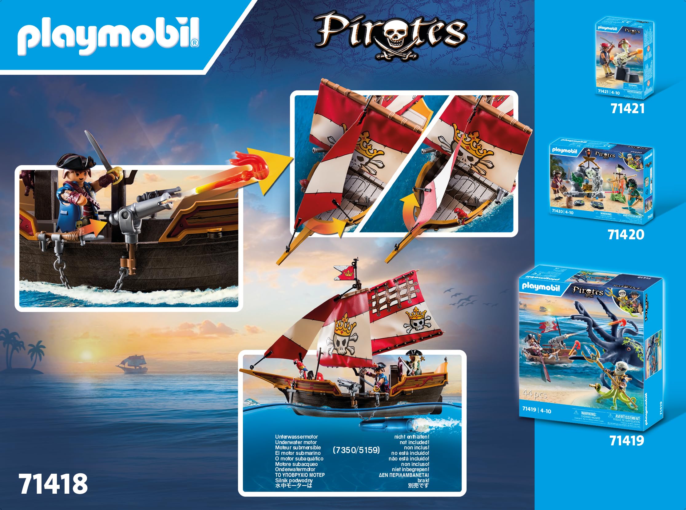 PLAYMOBIL Pirates 71418 Barco Pirata, emocionantes Aventuras en Alta mar, con Accesorios completos como un telescopio, brújula y cañones, Juguetes para niños a Partir de 4 años