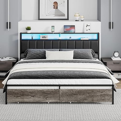 Miniatura 3 de Base de cama King con 2 cajones de almacenamiento, cabecera de poliuretano de almacenamiento de 2 niveles con estación de carga y luces LED,