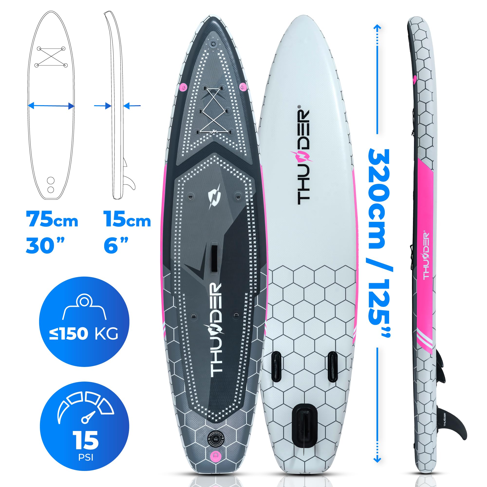 THUNDER Pro LED Sup Board 320 cm avec Siège Kayak – Stand Up Paddle Board Gonflable avec Éclairage RGB LED, Pompe, Pagaie & Sac à Dos – Set Sup jusqu'à 150 kg