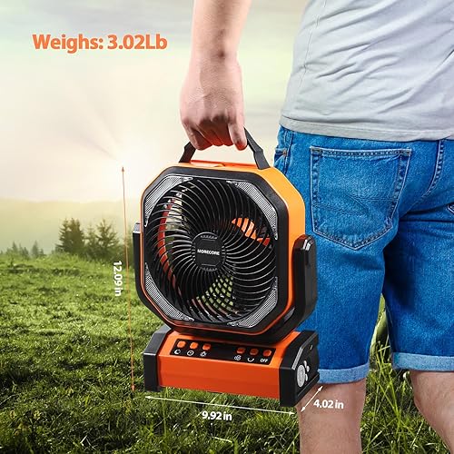 Miniatura 7 de MORECORE Ventilador de camping recargable de 20000 mAh con luz, funcionamiento de 112 horas, 8 velocidades, oscilación automática, temporizador