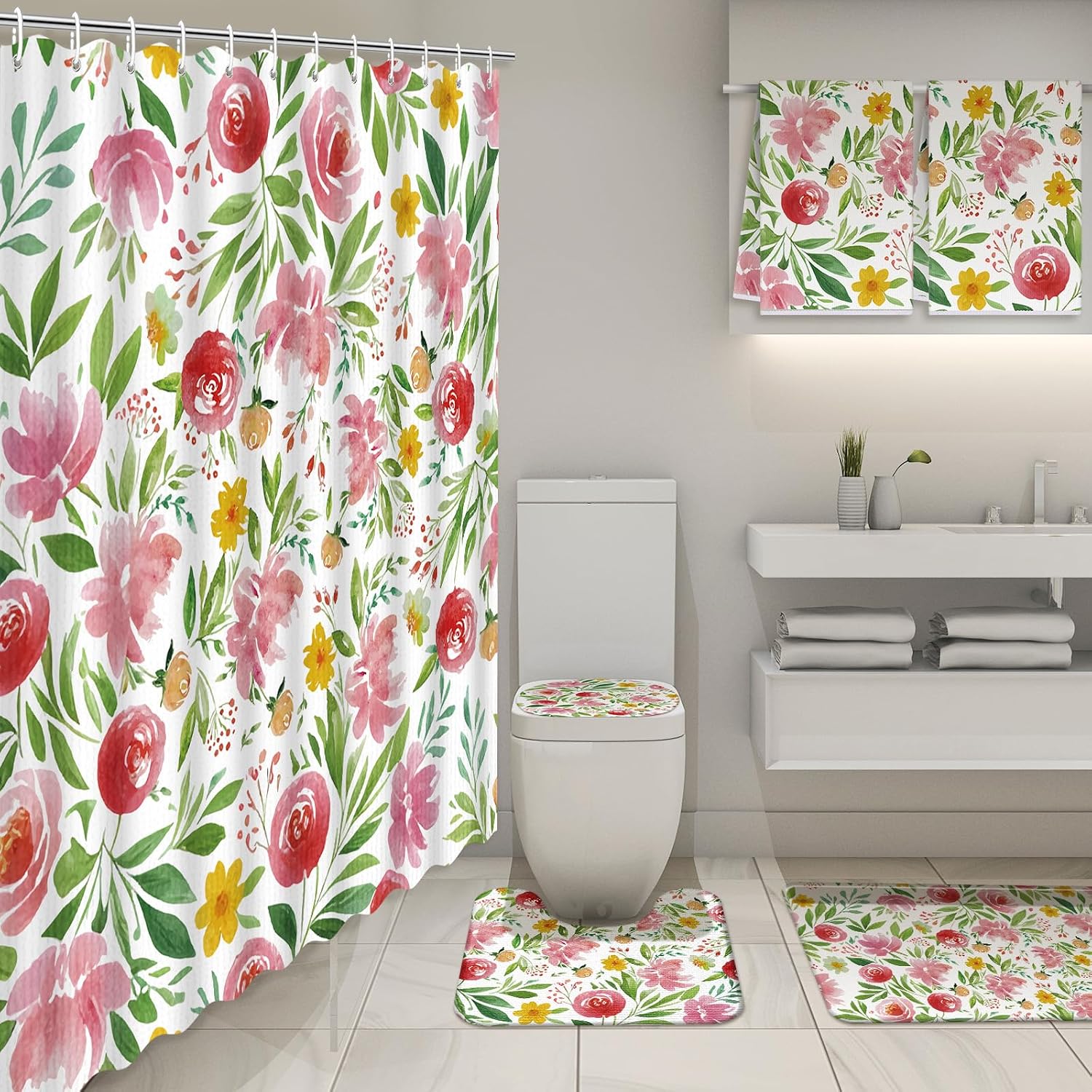 Nuanchu 6 Pcs Spring Shower Curtain Set with Rug Flower Bathroom Sets image 2