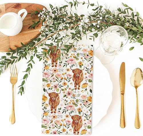 Miniatura 3 de AnyDesign - Paquete de 100 servilletas de papel desechables de vaca de las tierras altas, servilletas de papel desechables de vaca floral rústicas