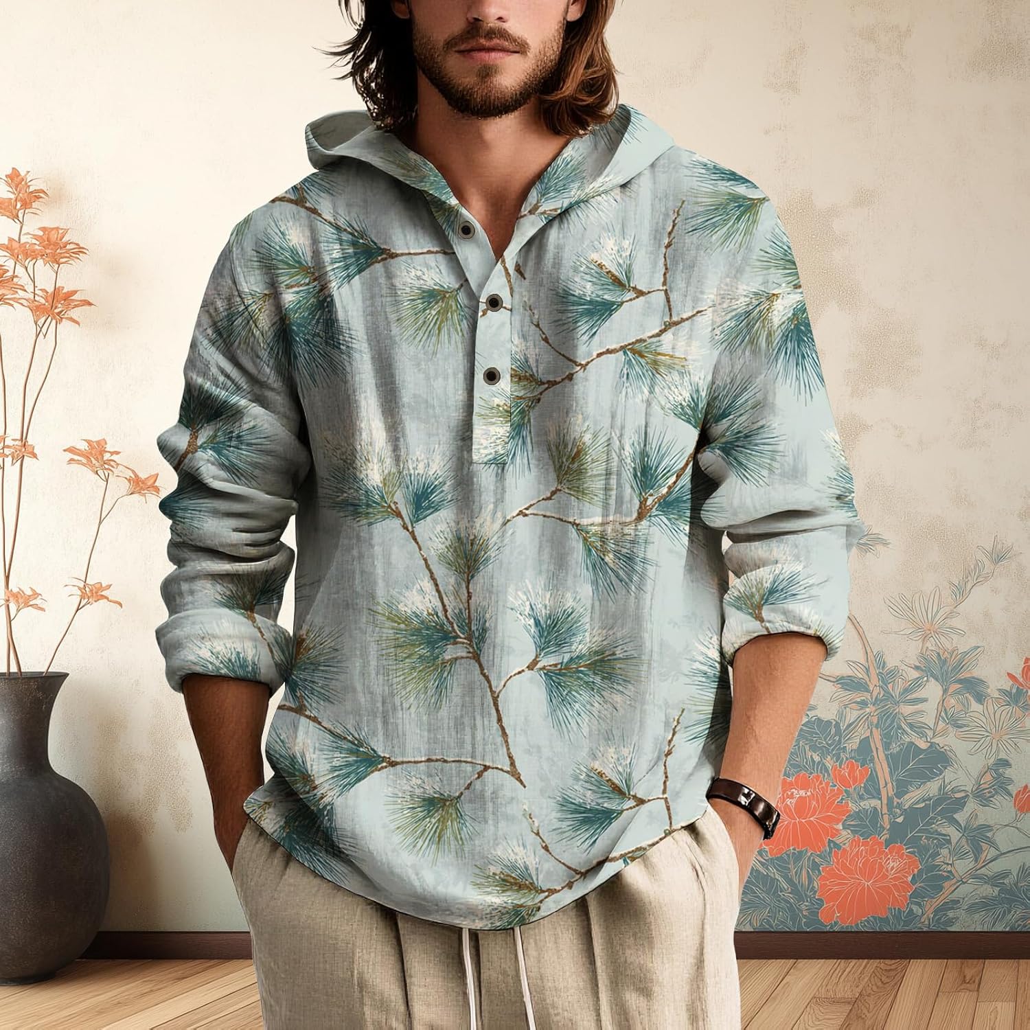 Mens Hooded Floral Button Down Shirt Long Sleeve Lightweight Relaxed Fit Nature Inspired Top for Spring - Image 5