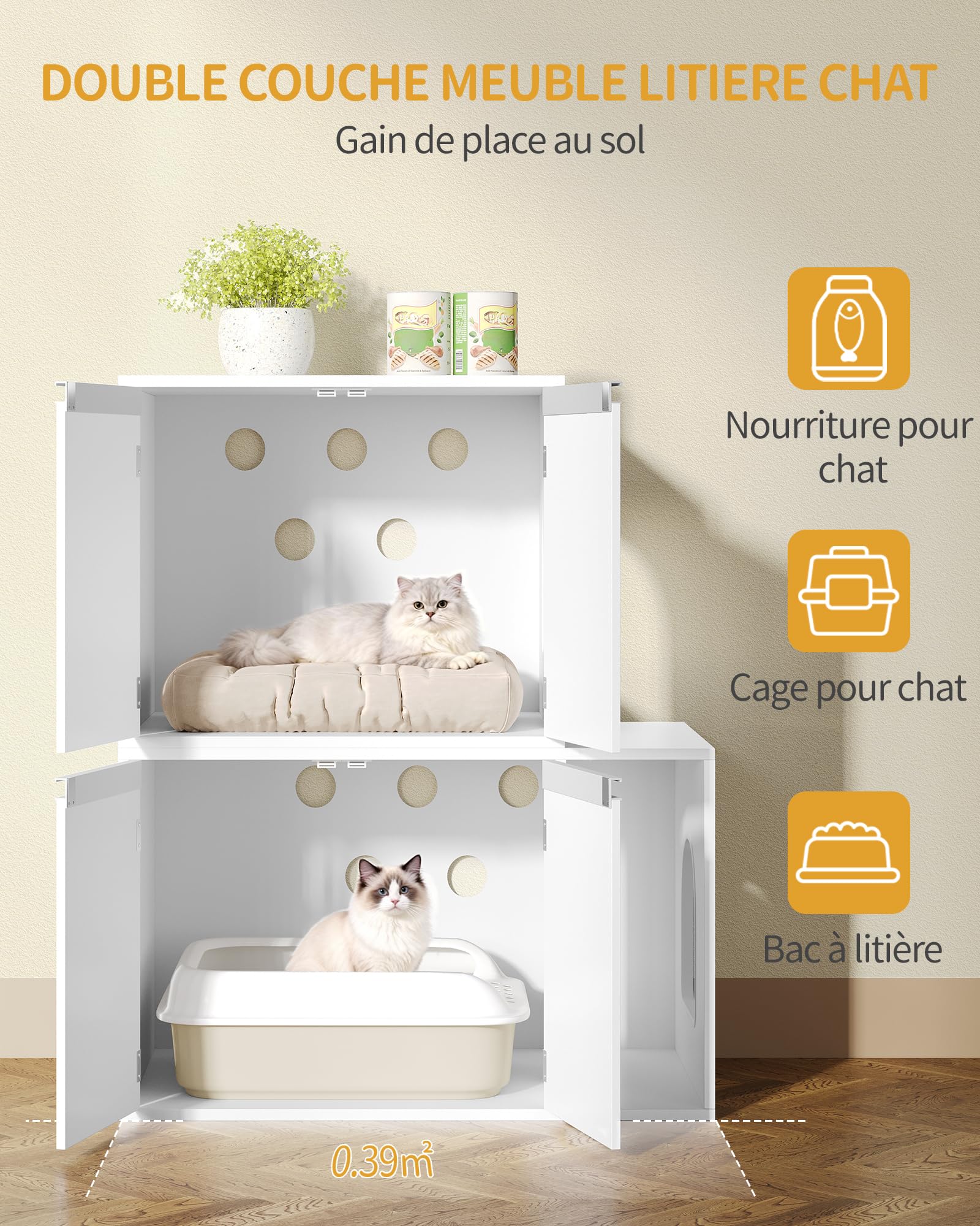 Hzuaneri Meuble Litiere pour 2 Chats, Maison de Toilette Chat, Maison Cachée pour Chat avec Chambres Doubles, 140 x 48 x 48 CM, pour Cacher la Plupart des Bacs à Litière pour Chats, Blanc CB65603X