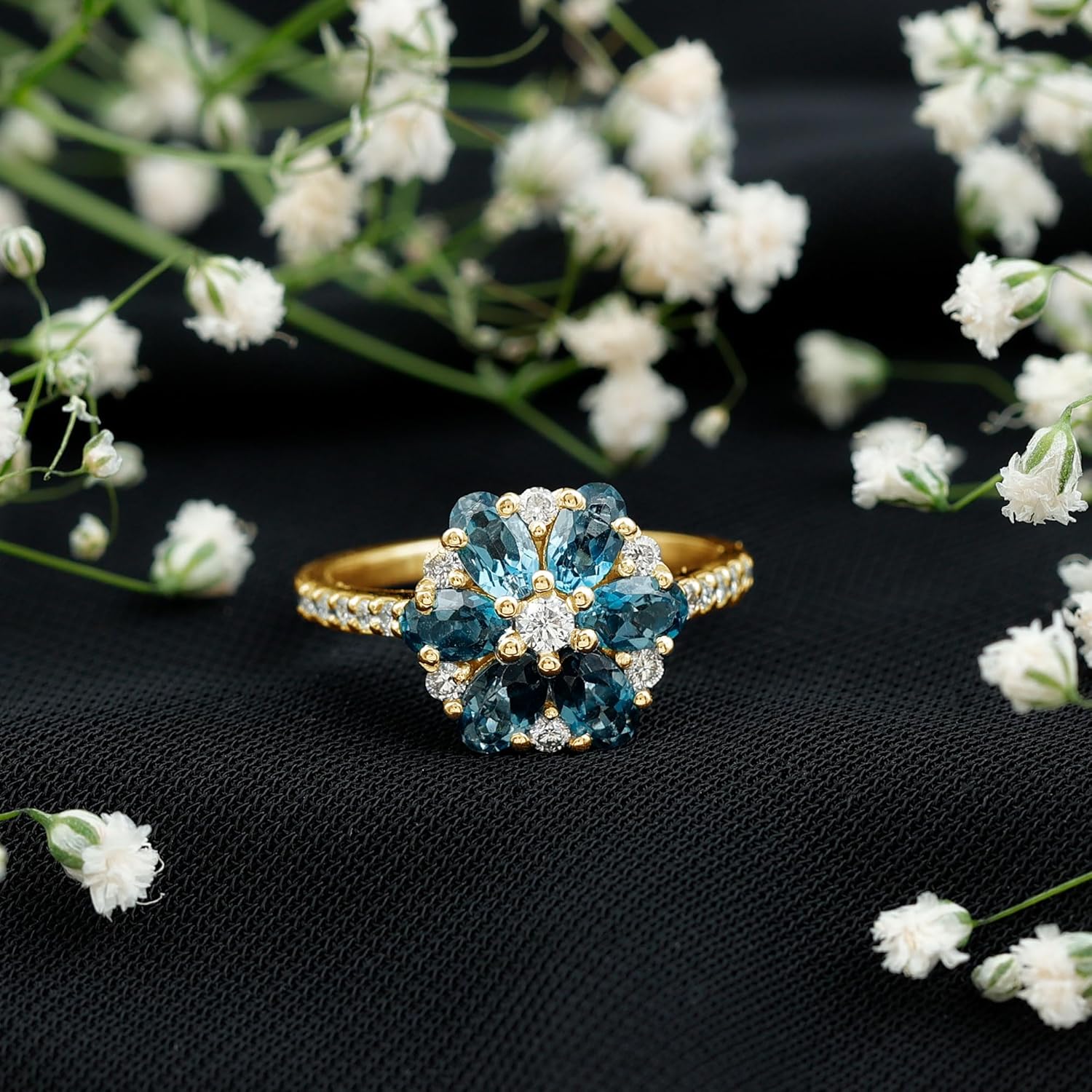 Natural London Blue Topaz Flower Engagement Ring, Aaa Quality, Blue Topaz Diamond Statement Ring - Gift For Women