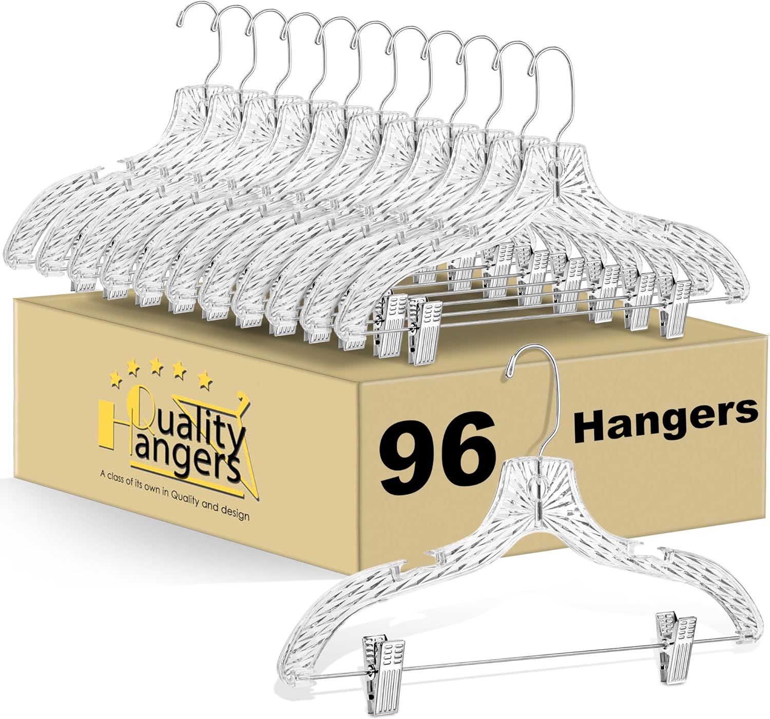 Quality Clear Plastic Skirt Hangers - 96 Pack Crystal Cut for Skirt, Pant, Dress, Suit, Coat Hangers Heavy Duty & Nonslip Design Adjustable Clips, Swivel Hook, 17" inch