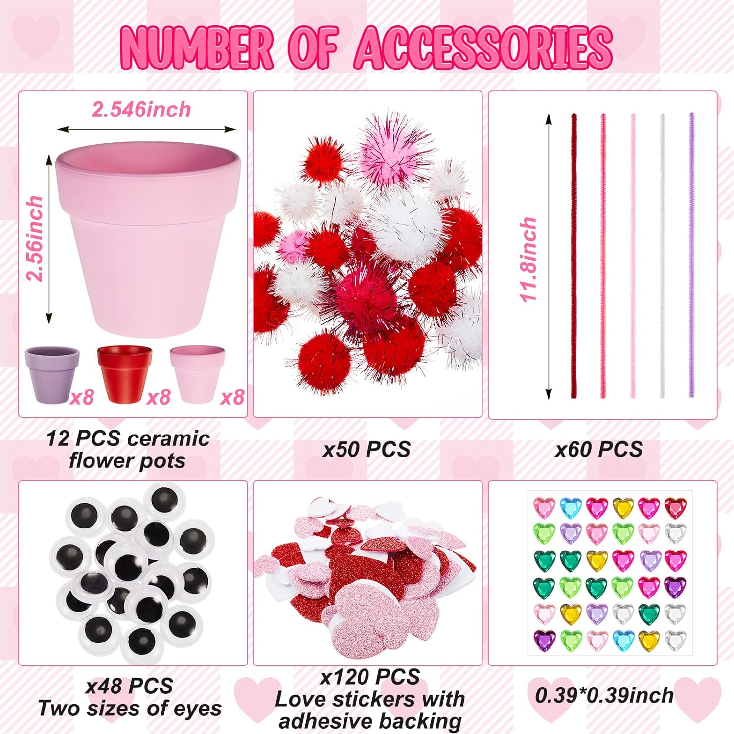 Teenyyou 556 Pcs Spring DIY Crafts Kit Flower Pot Craft Kit with Colorful Hearts and Pom Poms for Spring's Day Art Decoration Activities Gifts Exchange (Purple,Pink,Red)